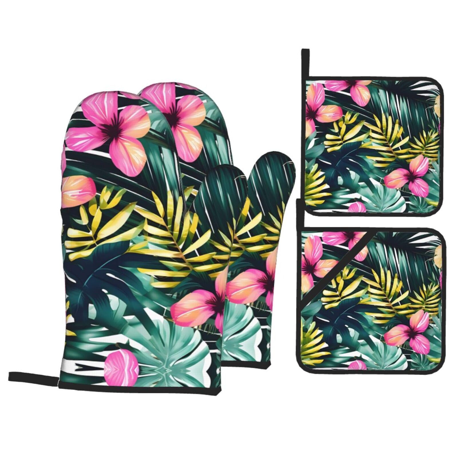 Tropical Summer Hawaiian Flower Palm Leaves Print Oven Mitts,Pot Holders, Heat Resistant Oven Mitts Gloves,Hot Pads for Kitchen Cooking Grill