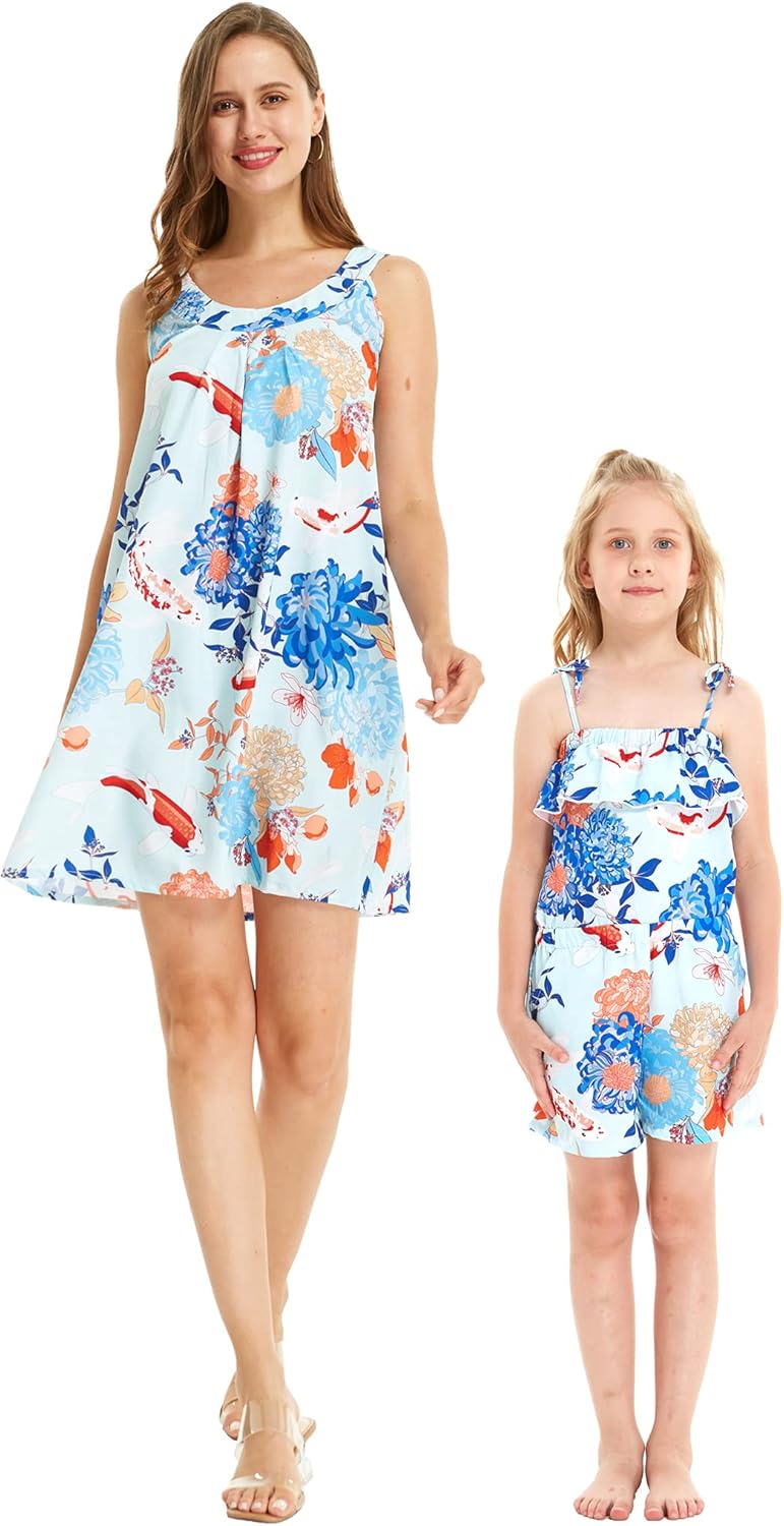 Matchable Hawaiian Luau Mother Daughter Women Round Neck Shift Dress or Girl Jumpsuit Romper in Flowering Koi Blue