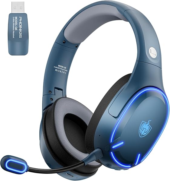 PHOINIKAS Cascos Gaming Inalámbricos para PC/PS5/PS4, Auriculares Gaming Inalámbricos de 2,4GHz USB Wireless+Bluetooth 5.3, Baja Latencia Calidad de Sonido 7.1 sin Pérdidas, 30+ Horas, Luz LED (Azul) - 1