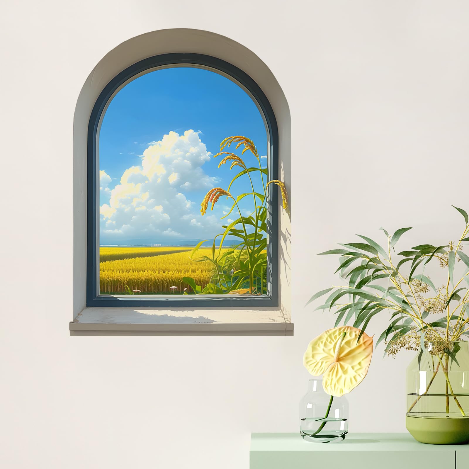 RoyoLam 3D Fake Arched Window Wall Stickers for Living Room Wheat Field Wall Decals Removable Peel and Stick Wall Art Home Decor Decoration for