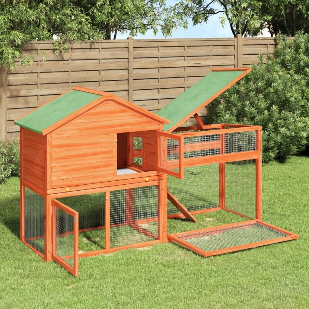 Solid Pine Wood Outdoor Rabbit Hutch, Enclosure for Pets, Animals Home, Brown & Green Cage, Crate, Houses - Portable Habitat 186 cm