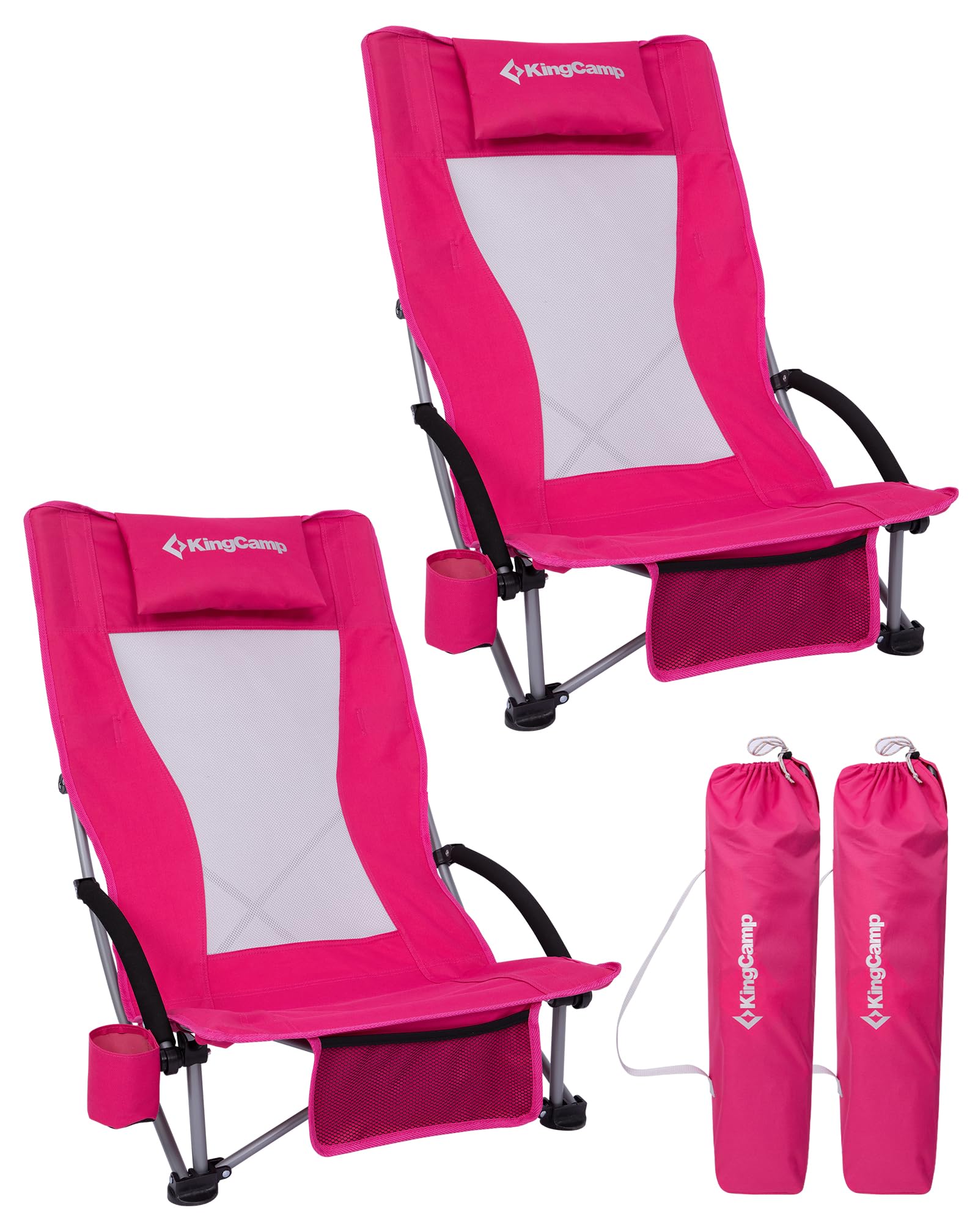 KingCamp Set of 2 Beach Chair Low Folding Lightweight Concert Chair with Wide Seat & Storage Pocket 180kg Heavy Duty Picnic Chairs with Dual-Tube Stability Fillable Pillowcase Portable Rose Red
