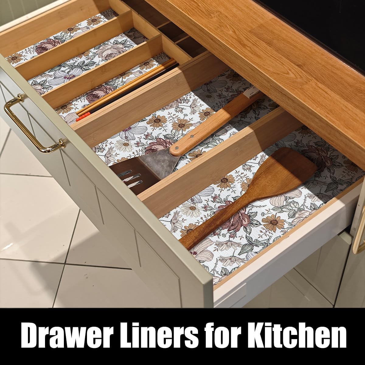 Floral Drawer Shelf Liners, 16IN x 20FT Non Adhesive and Strong Non-Slip Cabinet Drawer Shelf Liners for Kitchen Wire Fridge, Waterproof Shelf Liner,Easy to Clean