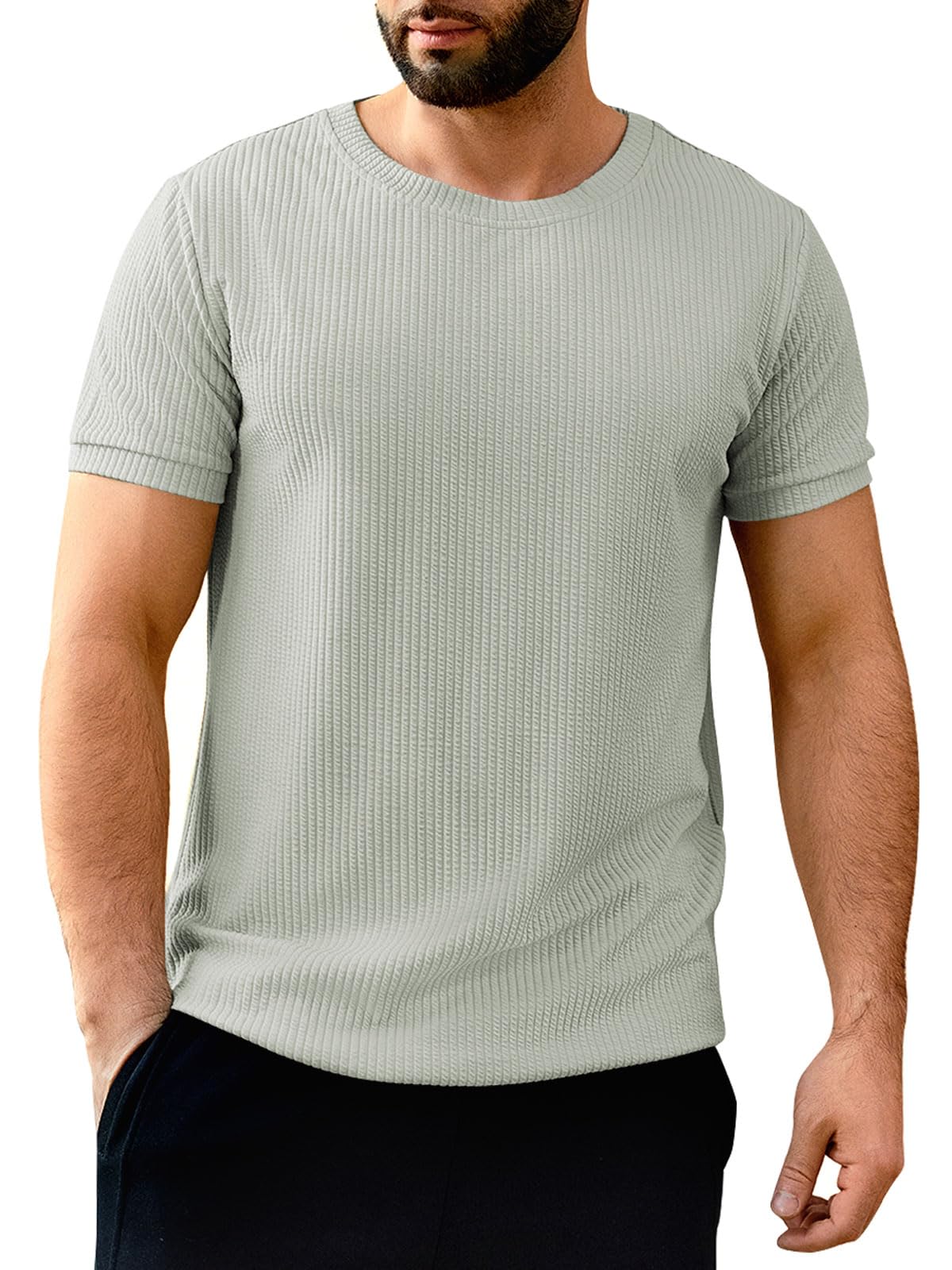 FITMENS Mens Short Sleeve Ribbed Shirts Casual Crewneck Slim Fit T-Shirts Solid Color Muscle Tees