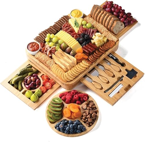 Juego de regalo de tablas de embutidos de bambú, juego de tablas de carne y queso simple con accesorios de tabla de charcutería, regalos del día de