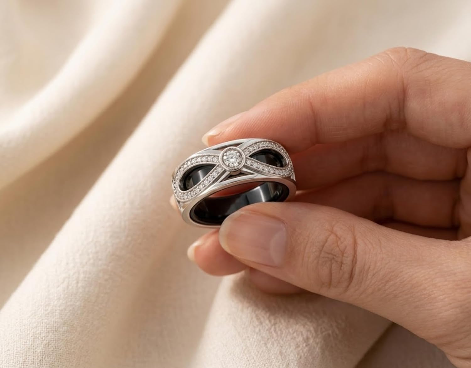 925 Sterling Silver Moissanite Infinity Ring Jacket, Pave Ring Enhancer with Round Center Stone, Elegant Smart Ring Jewelry Cover, Luxury Decorative Ring Accessory, Gold Plated Options