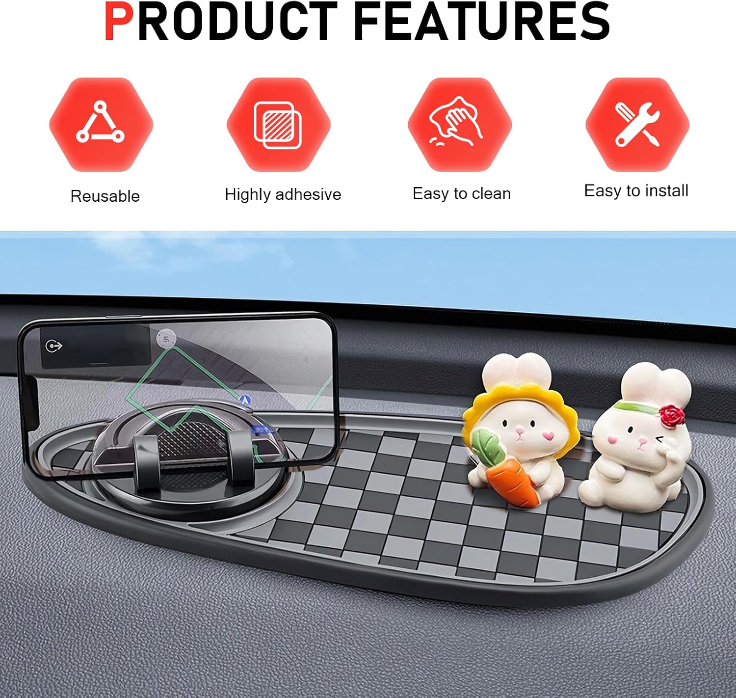 Car Dashboard Mat 3-in-1, Anti-Slip Dashboard Pad with Phone Holder & Parking Number Display, 11.8" x 5.4" Multifunctional Organizer for Most Cars (Black)