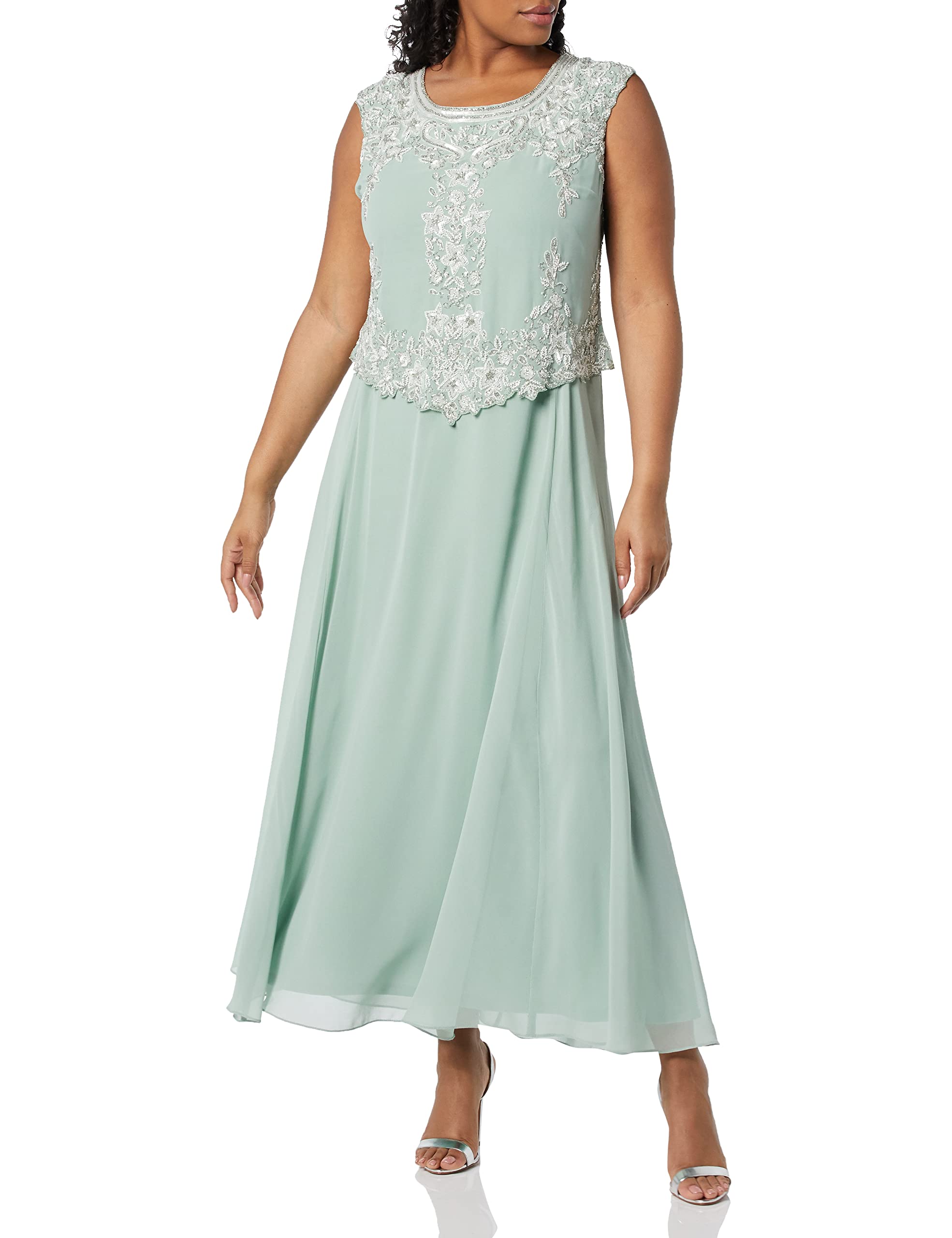 J Kara Women's Plus Size Cap Sleeve Long Beaded Dress, Celadon/Multi, 18W