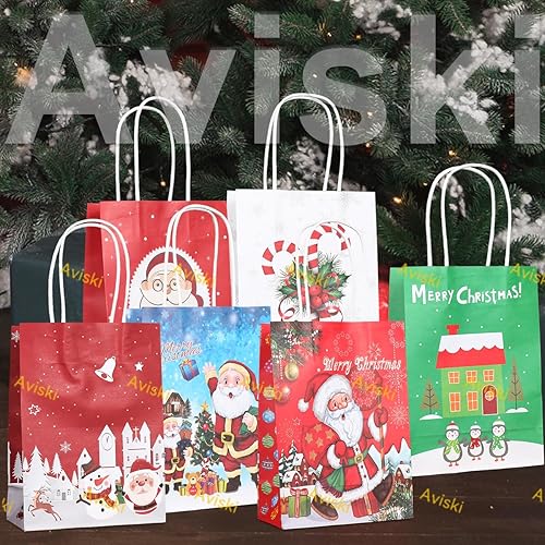 Miniatura 6 de Aviski 12 bolsas de regalo de Navidad, 6 estilos surtidos, bolsas de papel kraft de Navidad con asas, bolsas de regalos de Navidad con bonitos