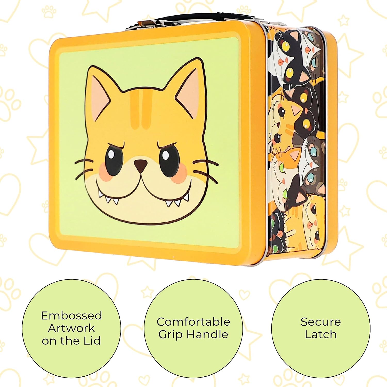 Sweet and Sour Cat Metal Fun Box Storage Case with Handle, Embossed Tin Design, Decorative Organizer for Teens and Adults