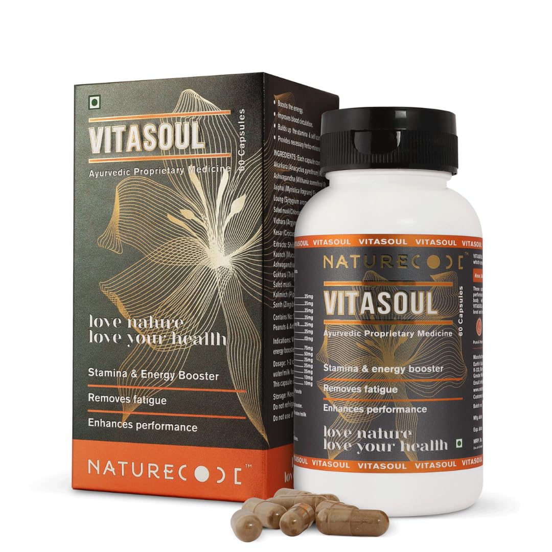 Nature Code Vitasoul Stamina & Energy Booster Capsules for Men & Women | 100% Pure Shilajit | 60 Capsules | Enhances Supports Healthy Testosterone Levels | Ashwagandha, Gokshura, Safed Musali & Other Action Herbs | 100% Ayurvedic