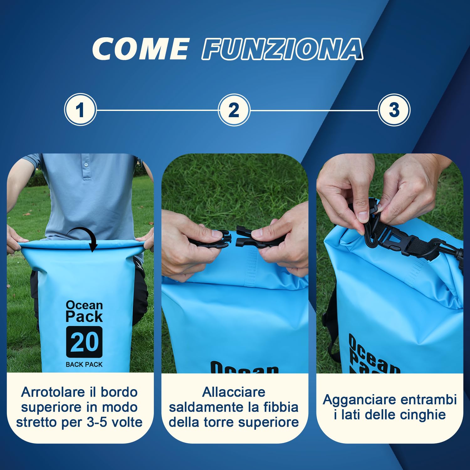 supregear Dry Bag, 20L Borsa Impermeabile, Resistente All'acqua, Zaino Versatile con Doppia Tracolla per Barche, Escursioni, Kayak, Pesca, Campeggio e Altre Avventure All'aperto, Blu