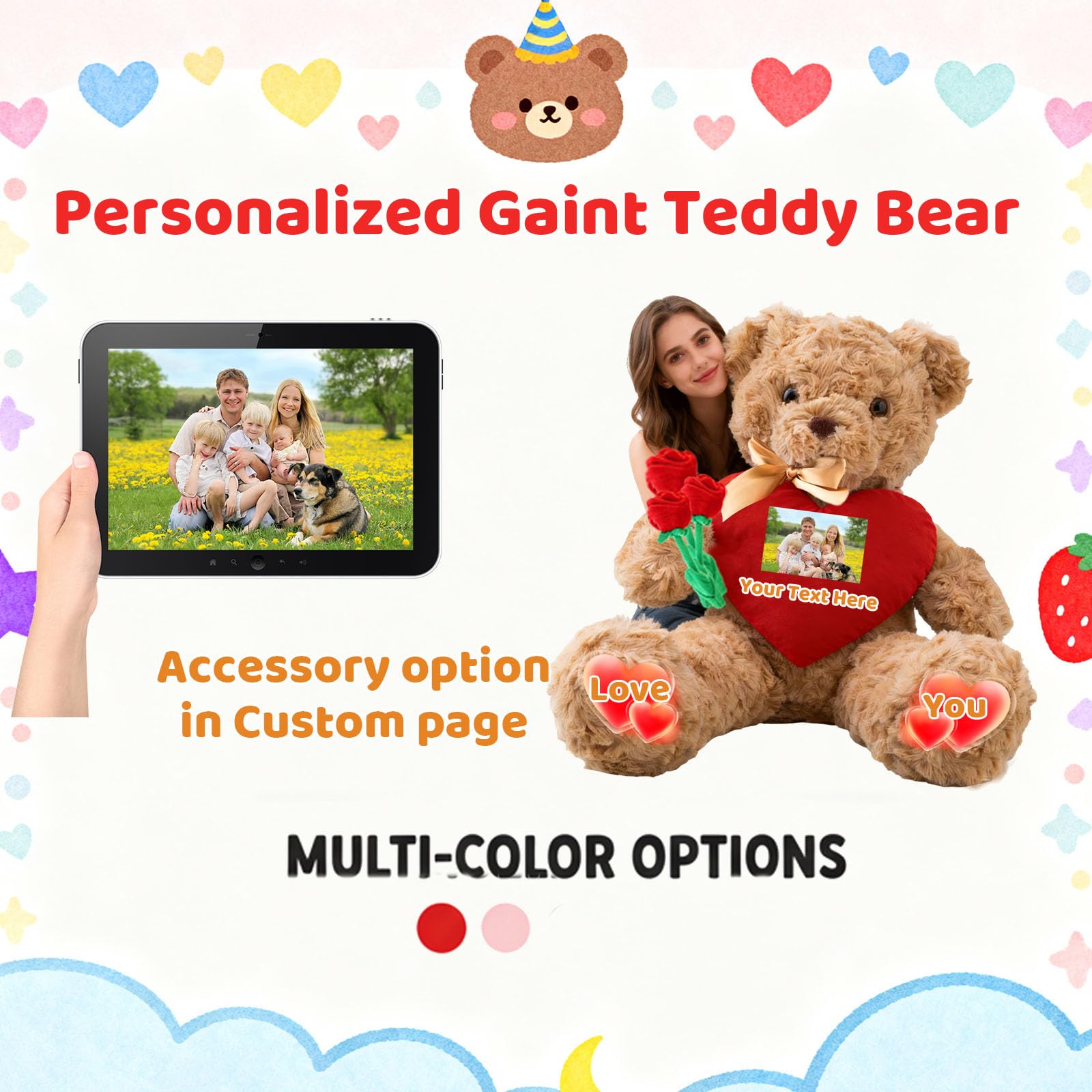 Osito De Peluche Gigante Personalizado con Corazón 50 cm A 125 cm, Big Teddy Bear con Texto Y Foto Personalizable como Osito De Peluche Regalo para San Valentín Navidad Cumpleaños