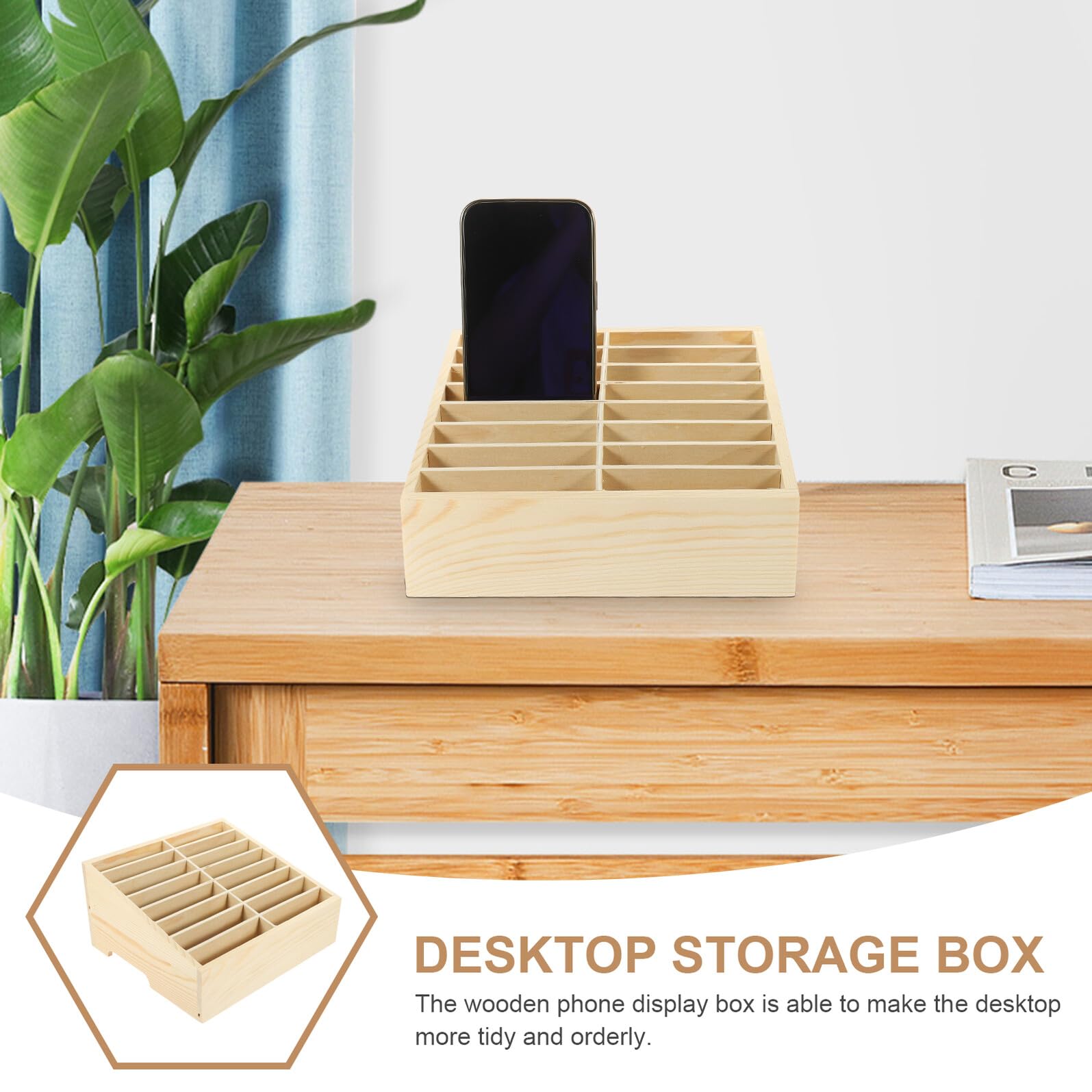 Scatola Portaoggetti da Scrivania per Telefoni Scomparti | Legno Beige, per Ufficio e Laboratorio Riparazioni, Ordine su Piano di Lavoro