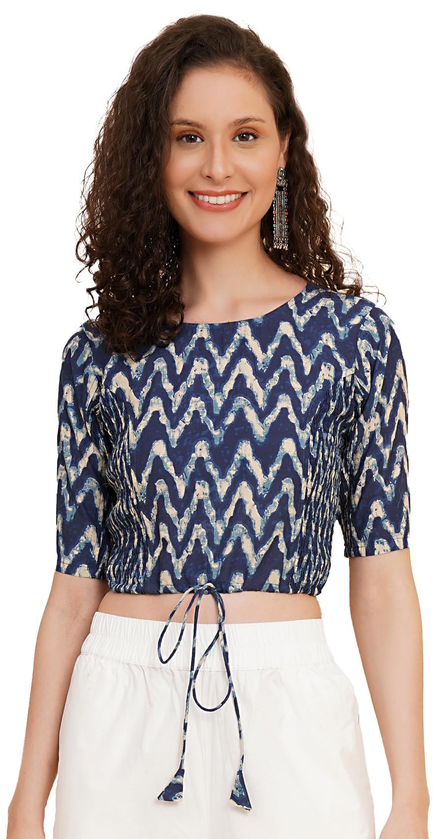 Yash GalleryWomen's Cotton Zig-Zag Printed Regular Regular Fit Short Sleeve Blouse