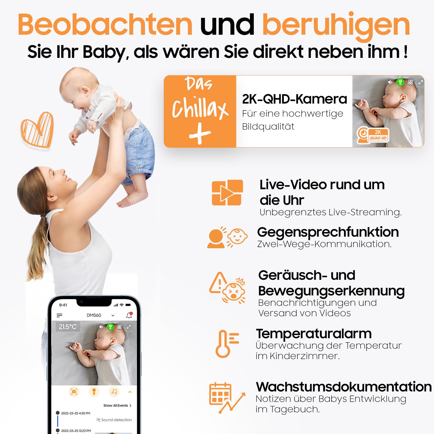 CHILLAX - Baby Kamera Candle - 2K QHD 360° Panorama, Fernbedienbar - Kompaktes Format - Nachtsichtfunktion - Temperatursensor mit Alarm - Gegensprechfunktion - Nachtlicht & Wiegenlieder - App