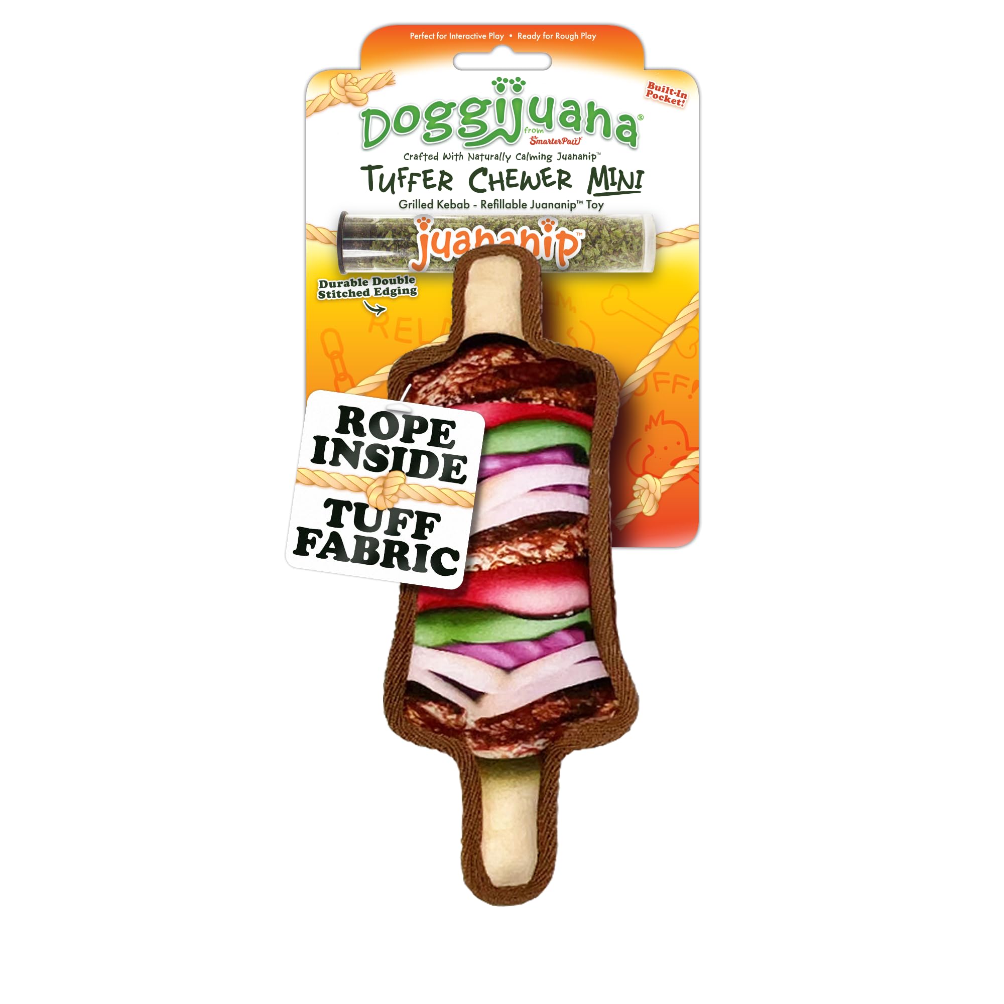 Doggijuana Mini Tuffer Chewer Dog Toy, Kebab | Squeaky Refillable Plush Toy