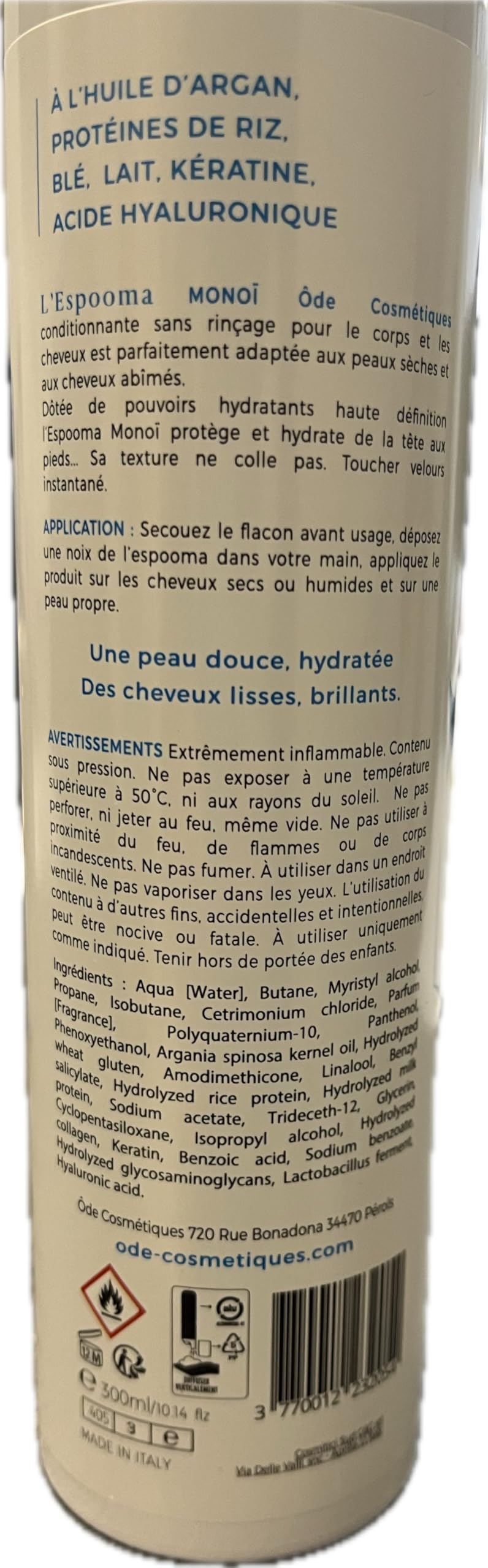 Mousse hydratante corps et cheveux "Espooma Monoï" Peau douce, parfumée et hydratée, cheveux lisse et brillant