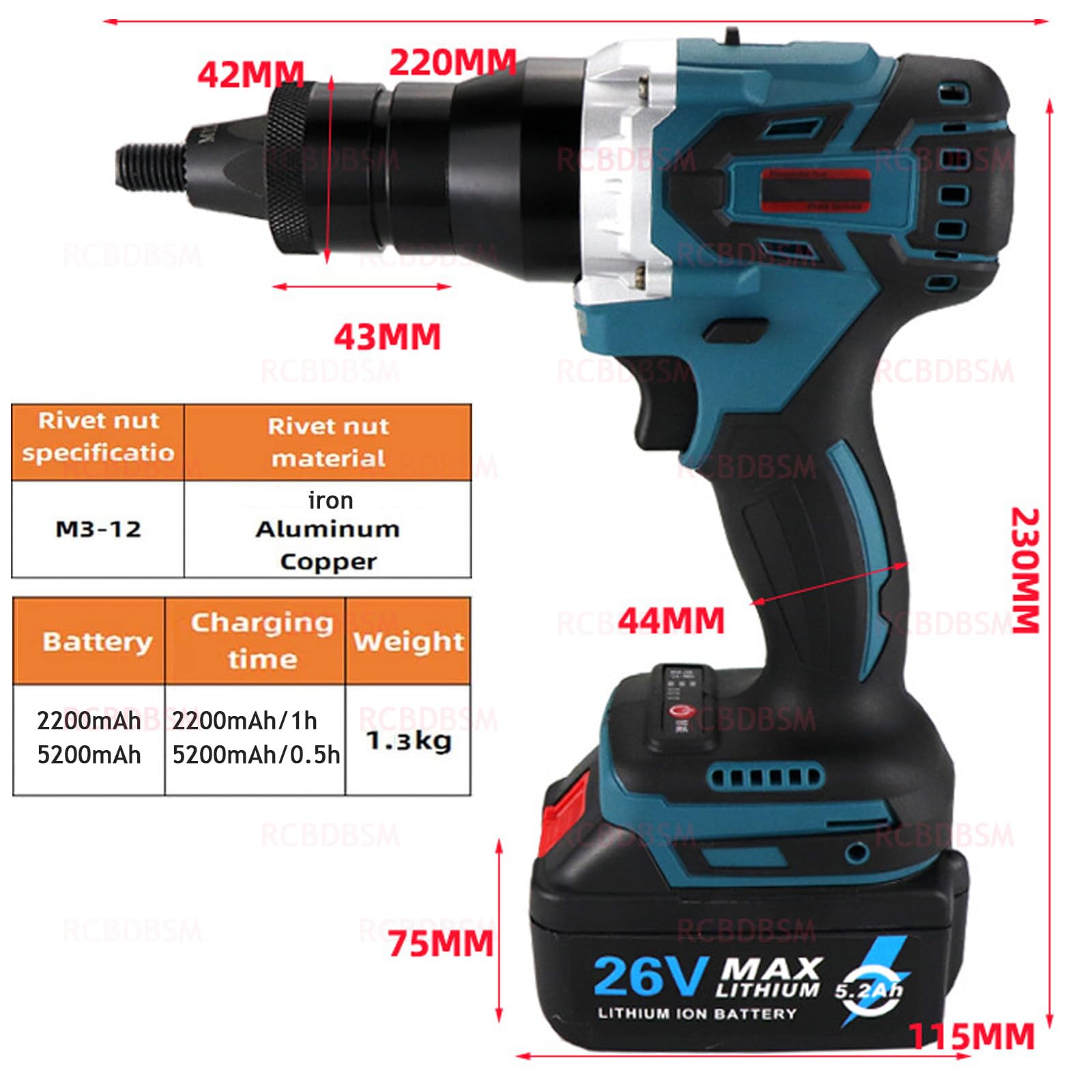 Pince à écrous à riveter électrique M3/M4/M5/M6/M8/M10/M12 Pistolet à Rivets électrique sans Fil Écrous à rivetage automatique avec 2 réglages de vitesse variable, pour aluminium/fer,2200mAh-2Battery