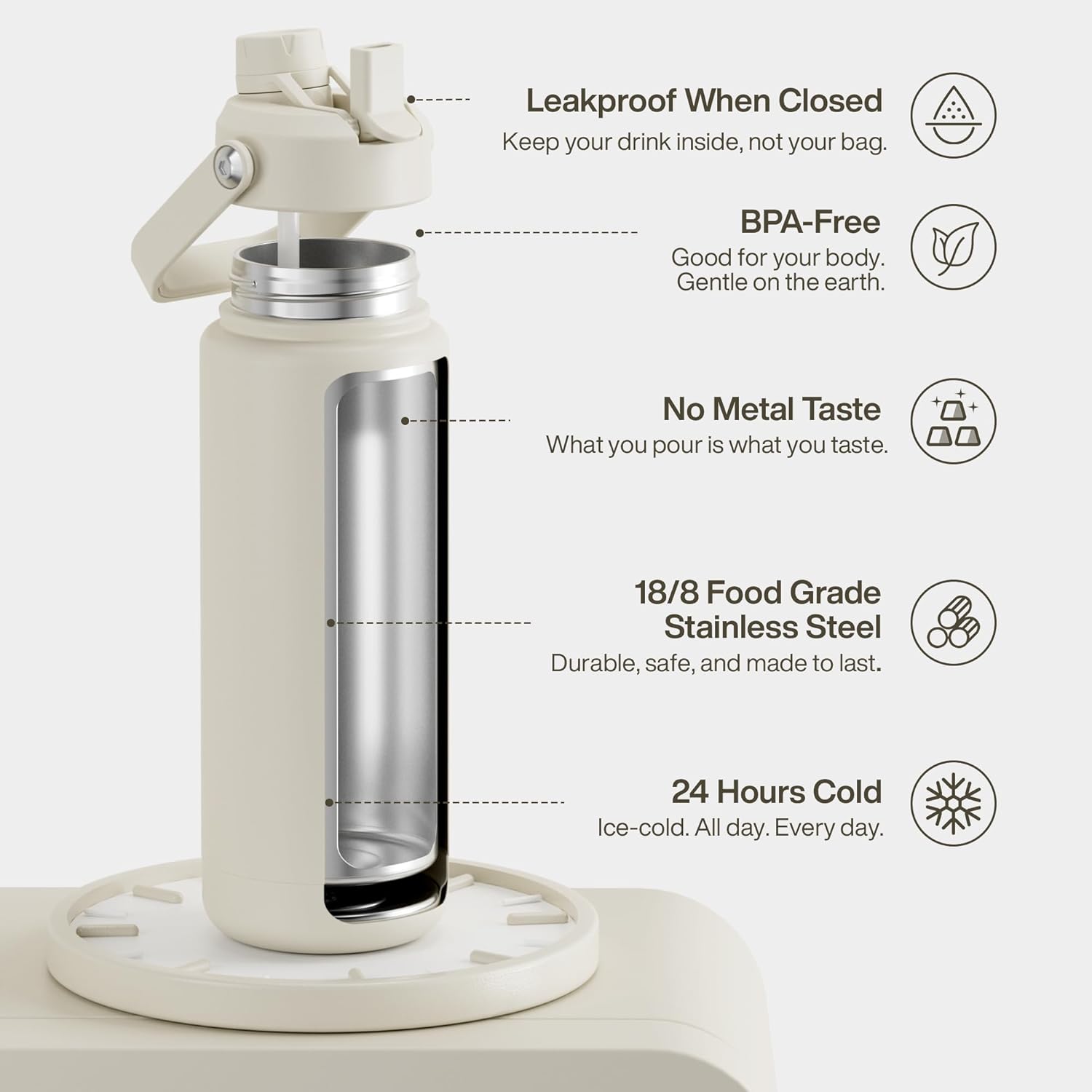 ENCOOL Insulated Water Bottle with Straw Stainless Steel Water Bottle, Leak-Proof, BPA-Free, Double Wall Vacuum Keeps Cold for 24 Hours for Sports, Travel, School (32 oz, Cream Moon) - Image 2