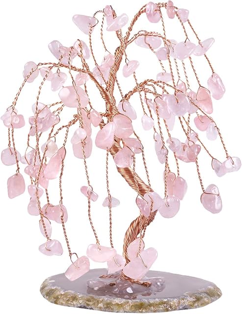 mookaitedecor Rose Quartz Tumbled Stones Money Tree, Gemstone Feng Shui Ornaments Willow Healing Crystal Tree Gift Pink Bedroom Accessories Good Luck Reiki Decoration, Agate Slice Geode Quartz Stand