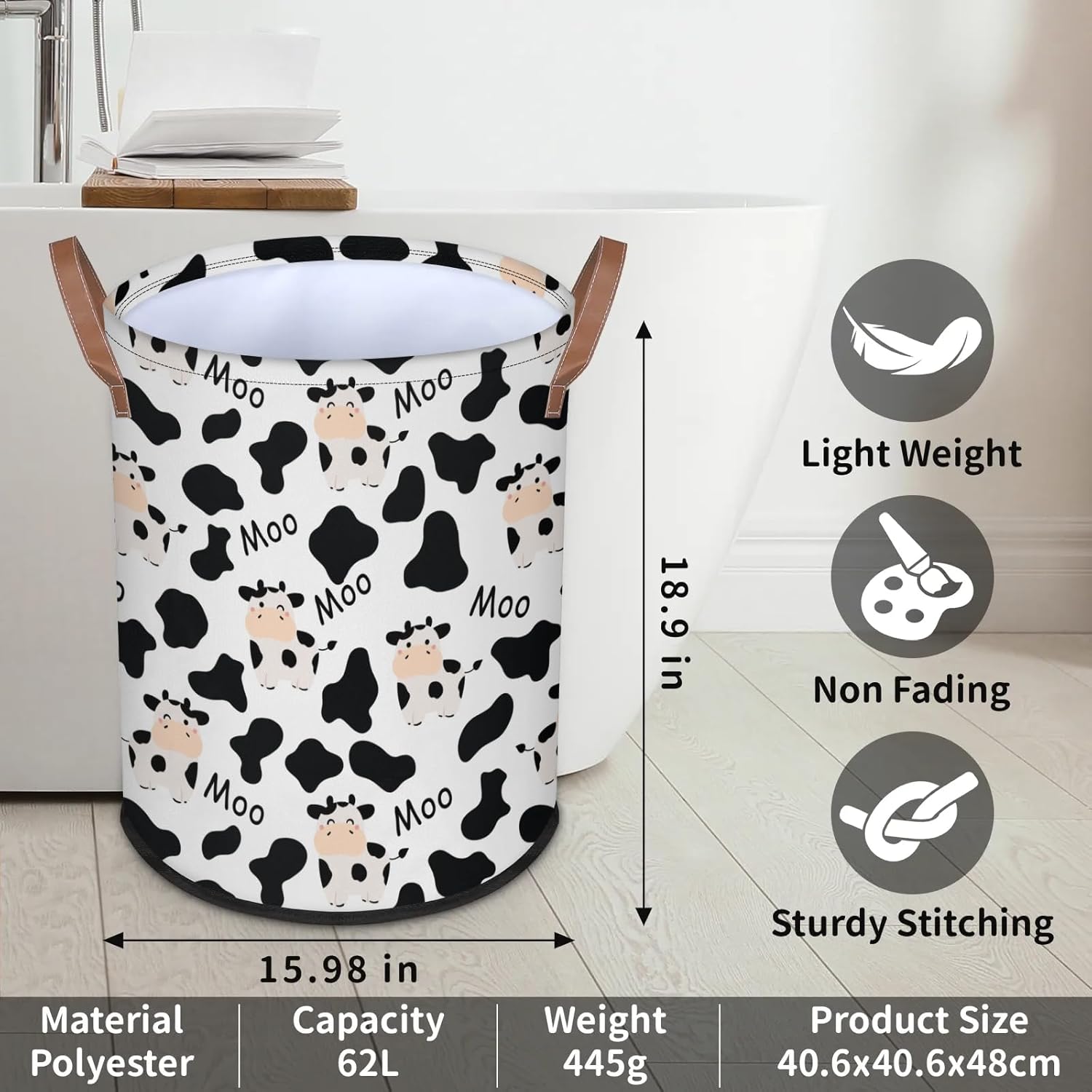 Large Laundry Basket With Handles - Foldable Laundry Hamper Clothes Basket Home Decor Collapsible Round Storage Bin Toy Organizer Bins for Nursery Dorms Bedroom Bathroom(Cute Cow Print)