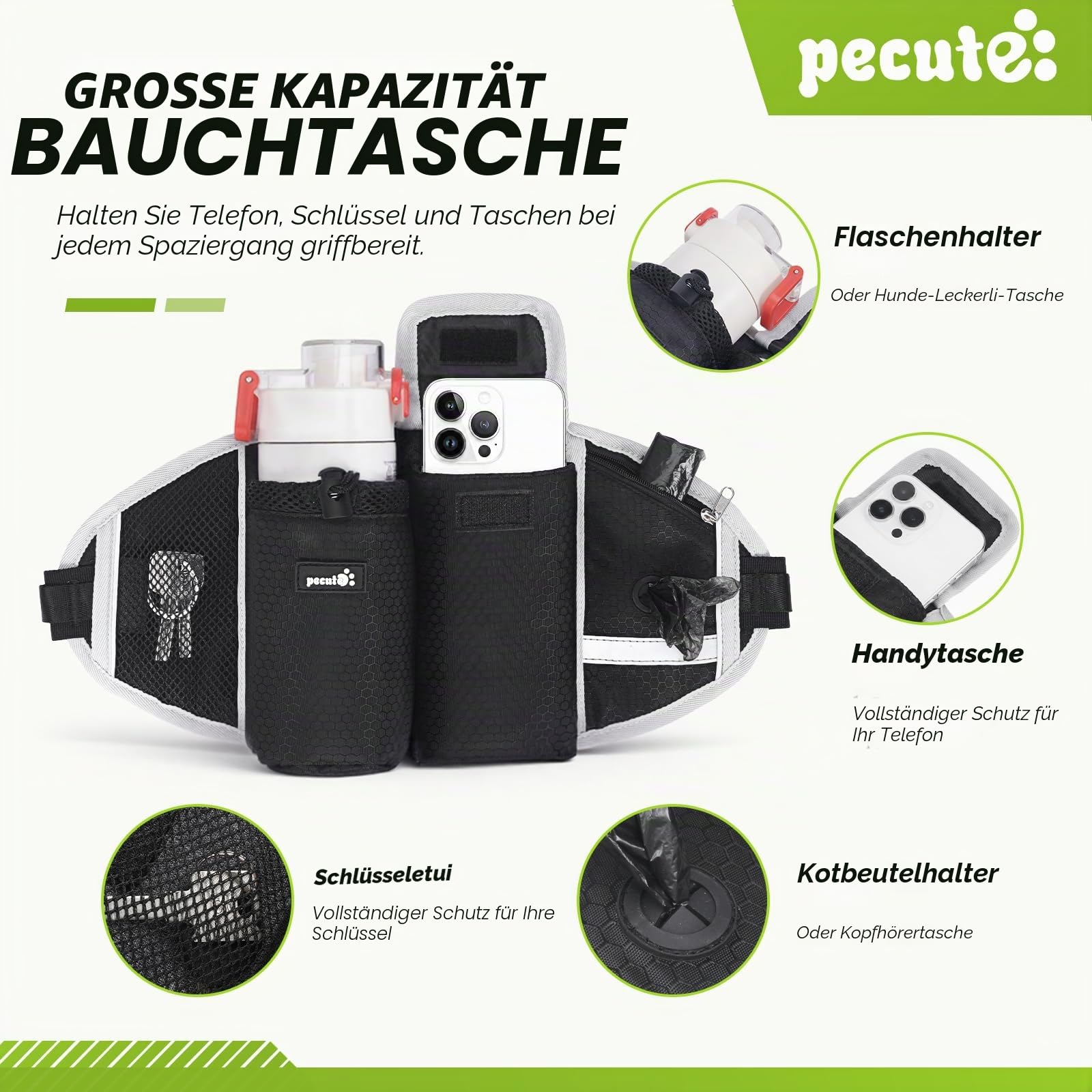 Pecute Joggingleine Hunde mit Mehrere Taschen Bauchgurt, Hundeleine 1.6-2.5M bis zu 30 kg, Stoßfest, Bequem, Reflektierende Nähte, ideal zum Laufen, Joggen und Gehen