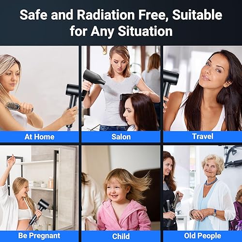 Miniatura 5 de Secador de pelo, 210000 RPM de alta velocidad con motor sin escobillas, 500 millones de secador de pelo iónico negativo para secado rápido, secador