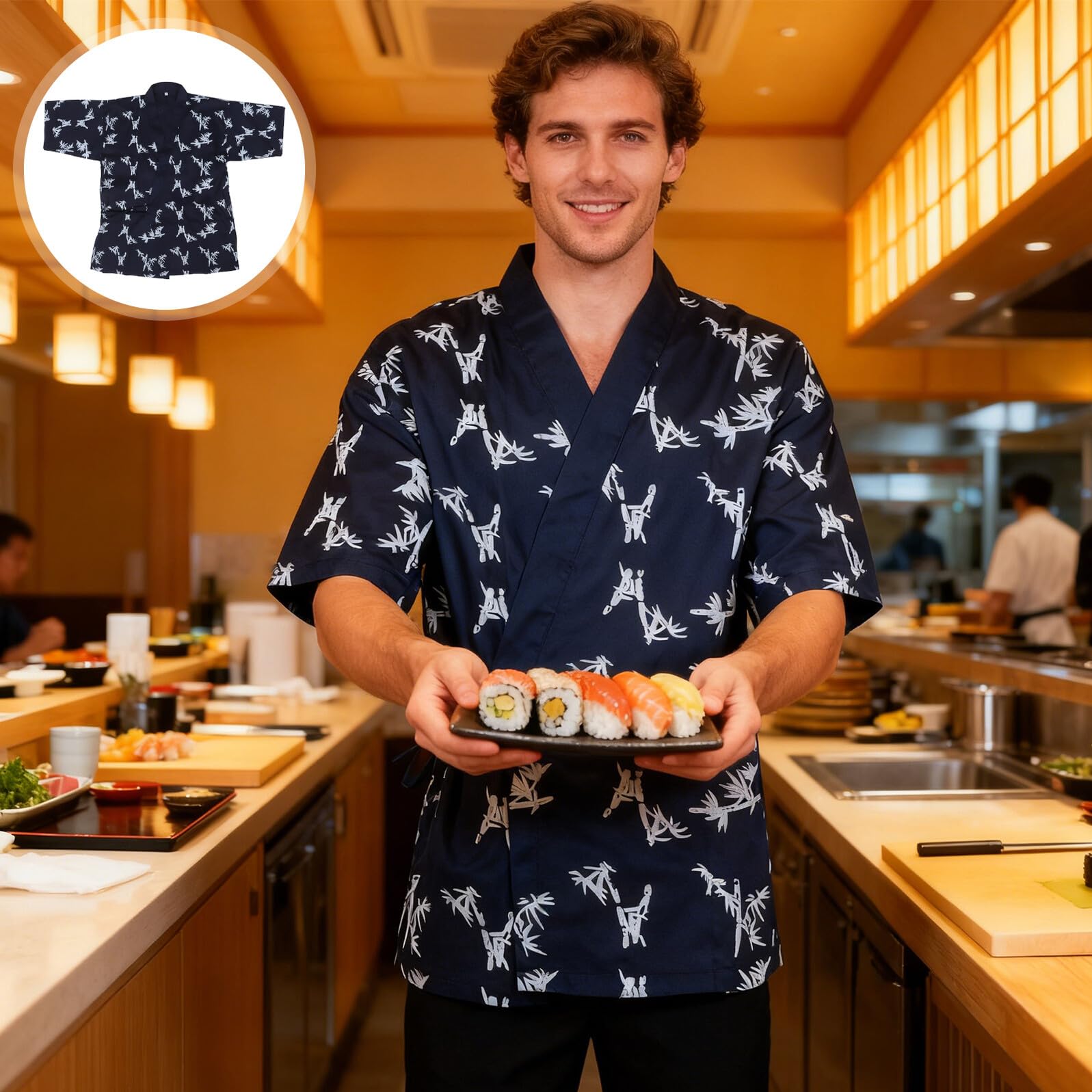 Healvian Giacca da Chef Sushi Giapponese Tradizionale Kimono Uniforme Professionale per Cucina Uomo Donna Resistente e Adatta Ristorante Divisa Coordinata per Team Abbigliamento da Lavoro