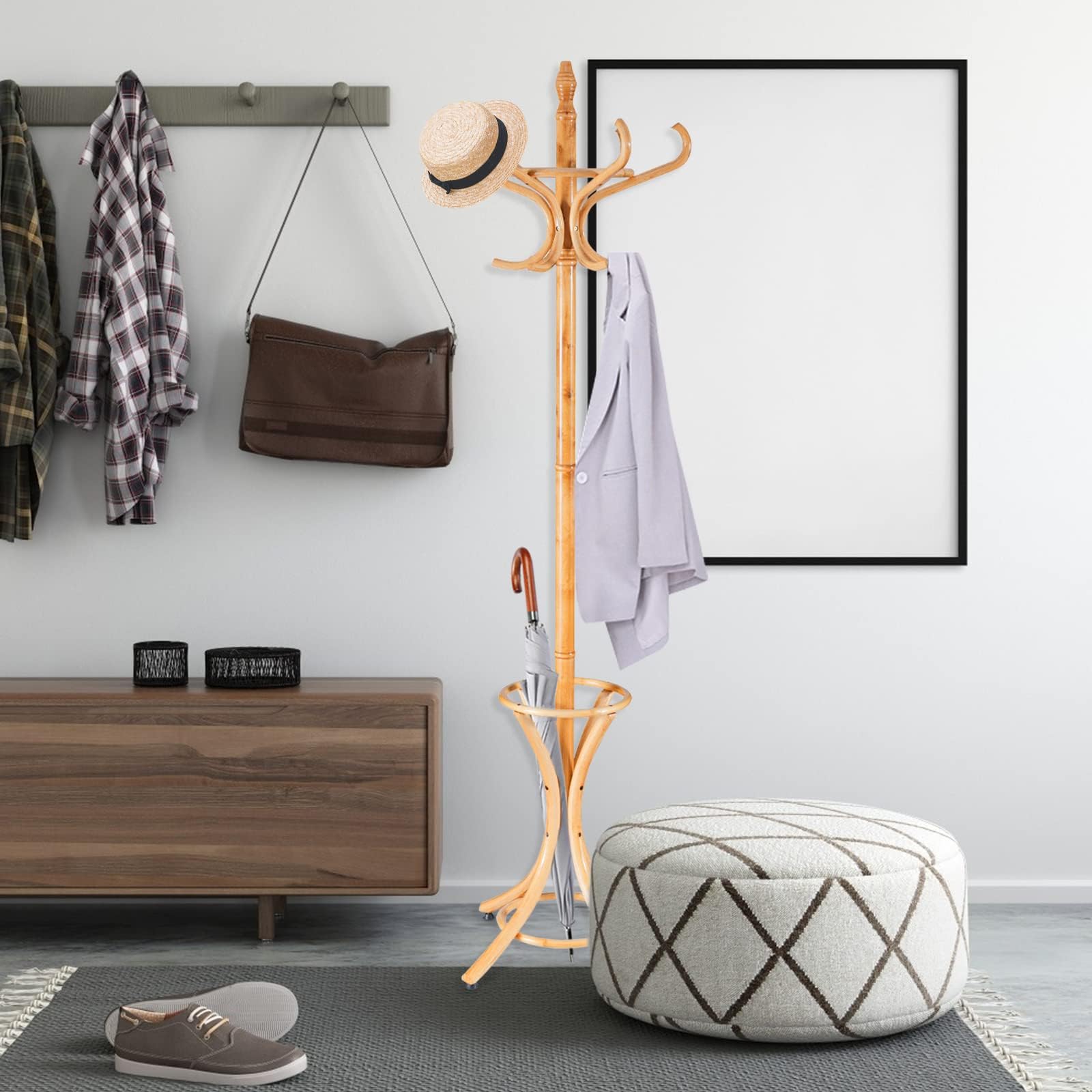 RELAX4LIFE Appendiabiti da Terra con Portaombrelli, Legno Massello, Attaccapanni Alto 184 cm, con 8 Ganci e Piedini, Stand Appendiabiti per Ingresso, Corridoio, Entrata