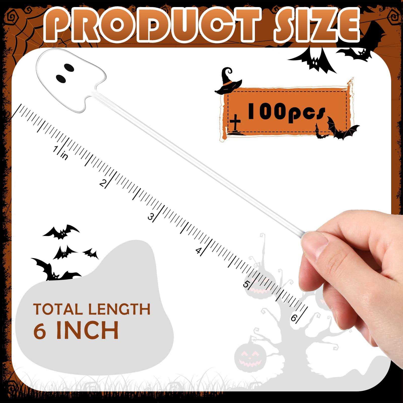 SiliFine 100 Pcs Halloween Swizzle Sticks Plastic Coffee and Cocktail Stirrers Halloween Drink Stirrers Reusable Cocktail Sticks for Thanksgiving Fall Party Tea Coffee Bar decoration(Ghost)
