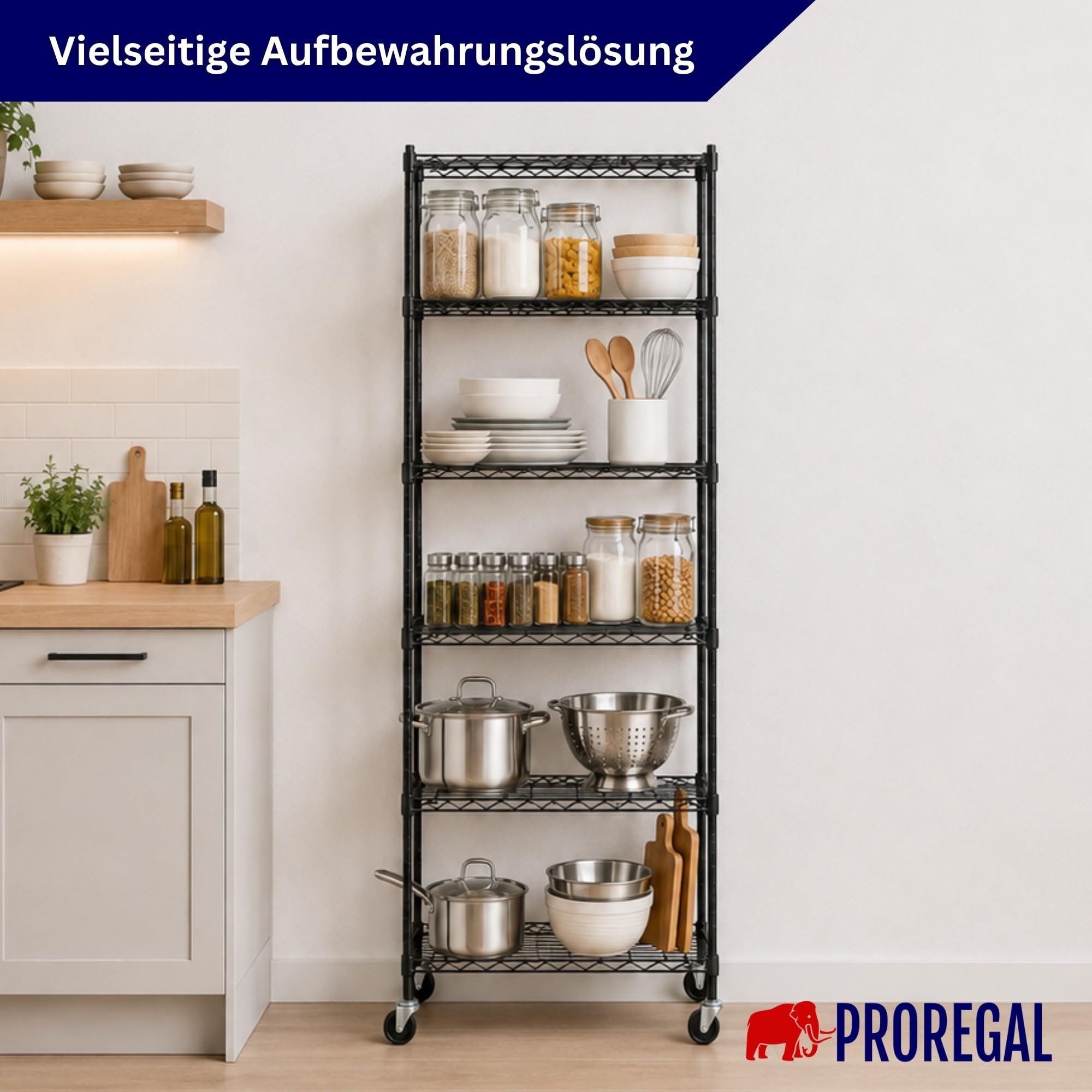 PROREGAL Gitterregal Hades mit Rollen & 6 Gitterböden Metall 160x60x40cm Fachlast 75kg Metallregal Schwarz Drahtregal Schmal Küchenregal Aufbewahrungsregal
