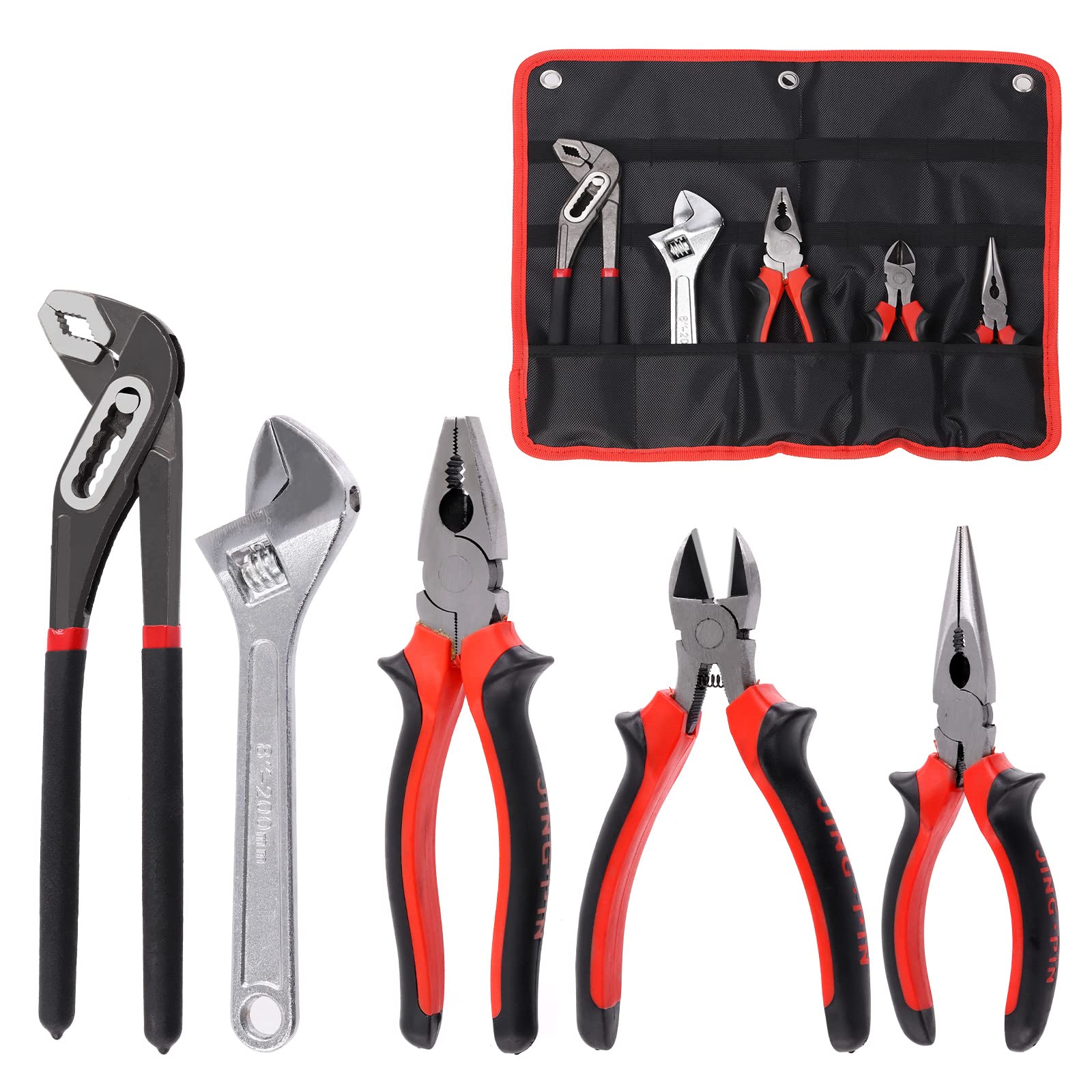 Swpeet 5Pcs Pliers Set with Storage Pouch Assortment Kit, Including Tongue and Groove Plier, Water Pump Pliers, Long Nose, Diagonal Cutting, Locking Pliers, Adjustable Wrench and Linesman Pliers