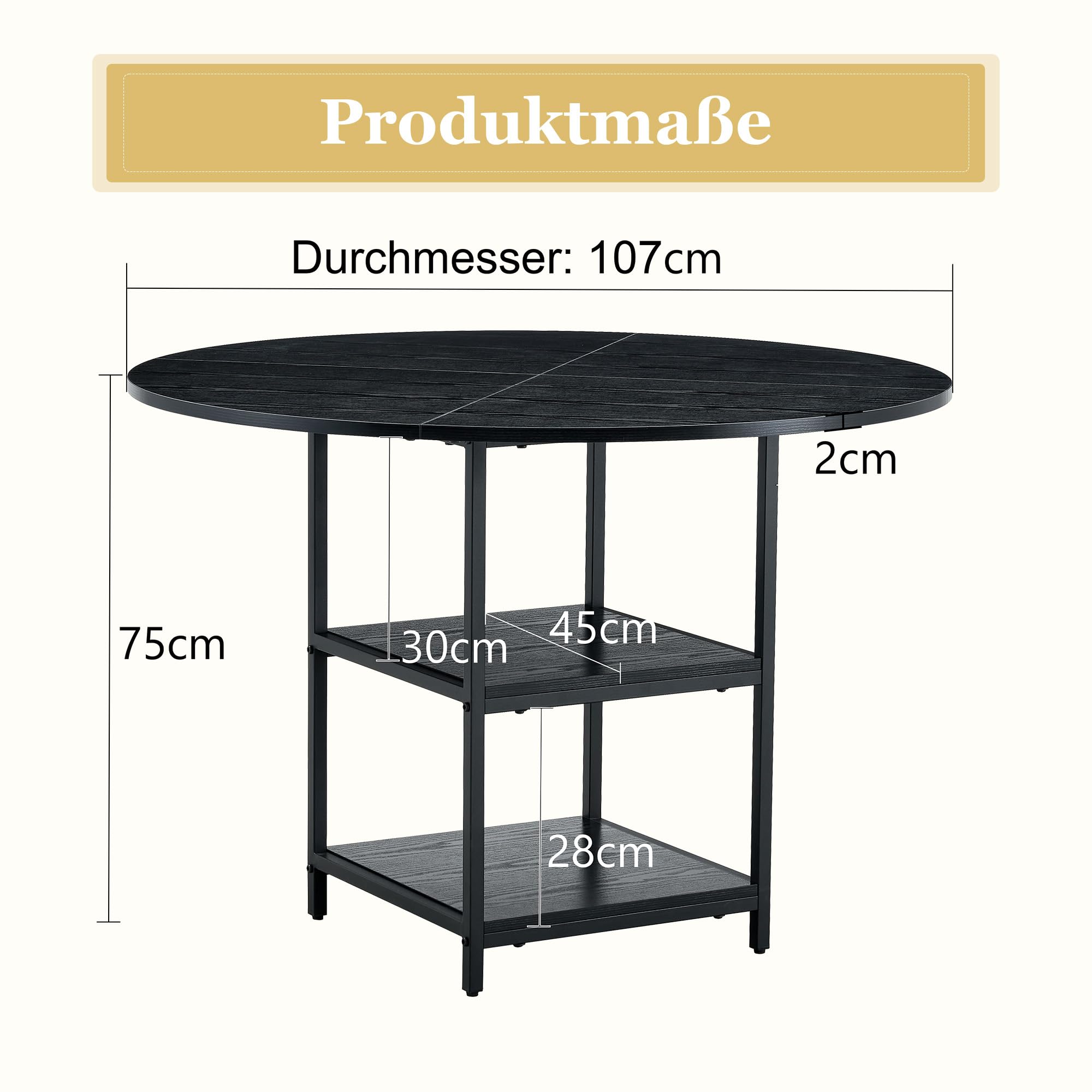 Stół do jadalni okrągły 107 cm z podwójną półką, okrągły stół kuchenny dla 2-4 osób, MDF o wyglądzie czarnego i czarnego metalowego stelaża, wzornictwo przemysłowe, czarny