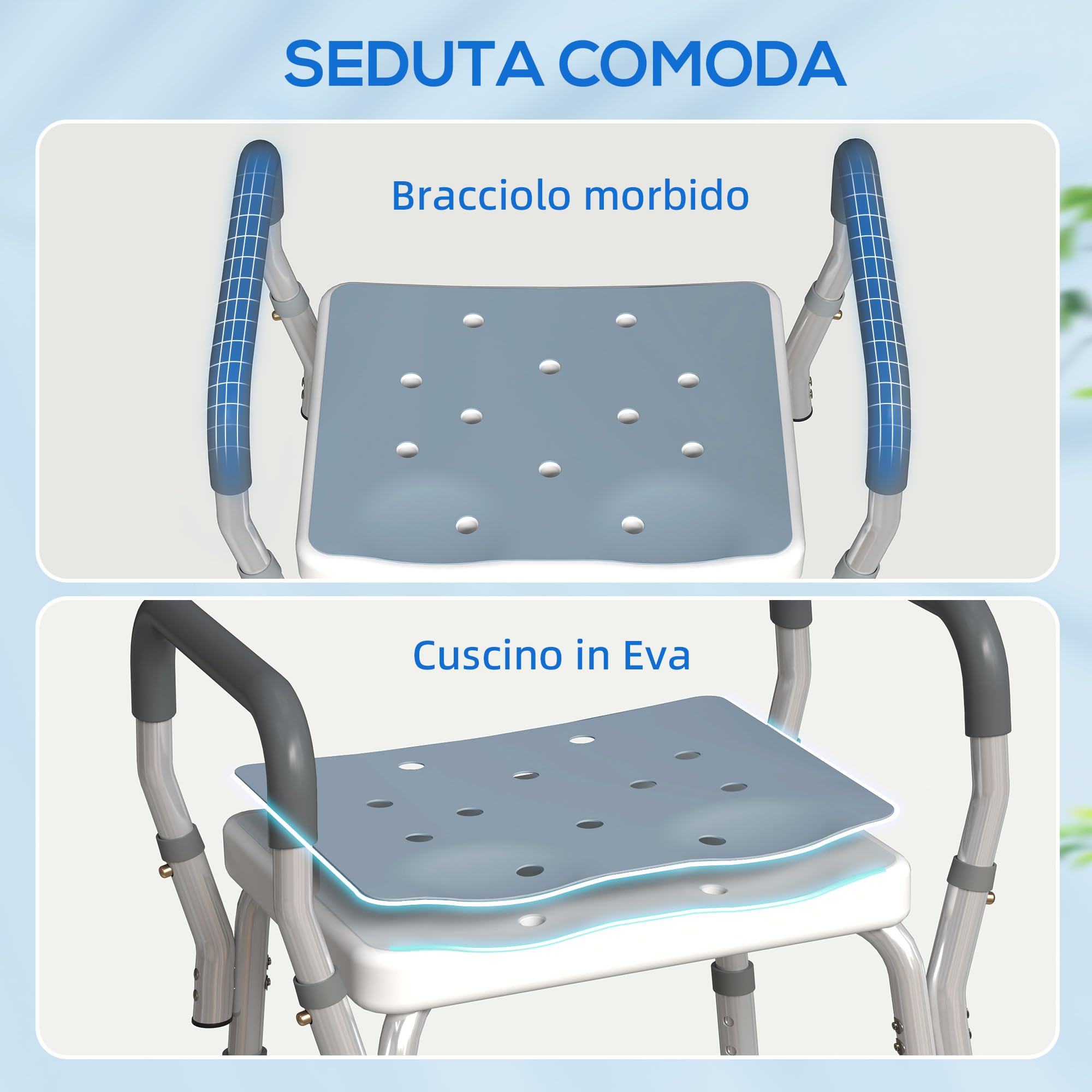 HOMCOM Sgabello Doccia in Alluminio, Sgabello Bagno ad Altezza Regolabile 57-69 cm con Braccioli, Sedia per Doccia Anziani 150 kg, Sedile per Vasca da Bagno con Piedini Antiscivolo, Blu