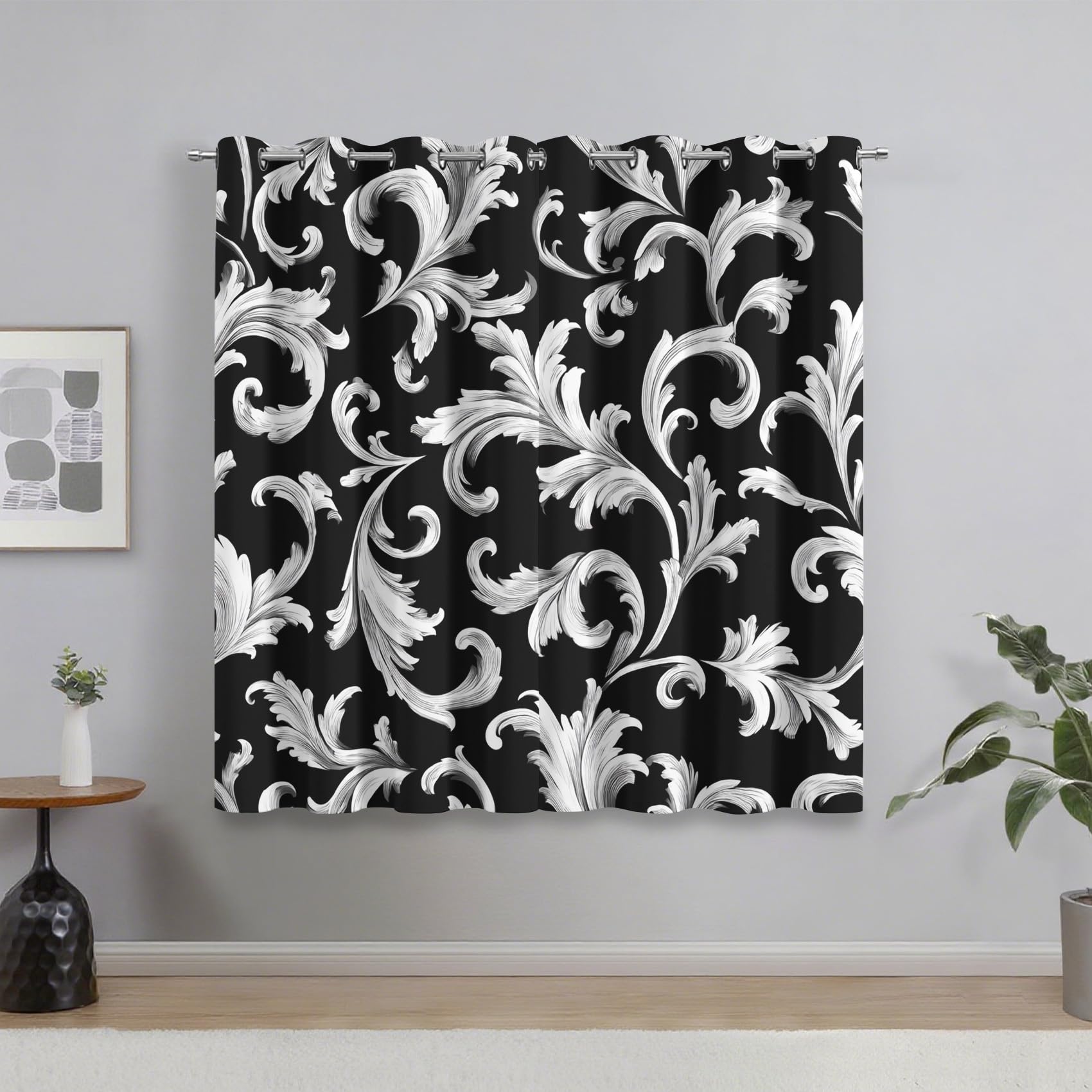 Generisch Damast Vorhänge Wohnzimmer, Verdunklungsvorhänge Schwarz Weiß Barock mit Ösen, Vorhang Blickdicht mit Muster, Gardinen für Wohnzimmer Deko 2er Set, H 166 X B 75 cm B-D154