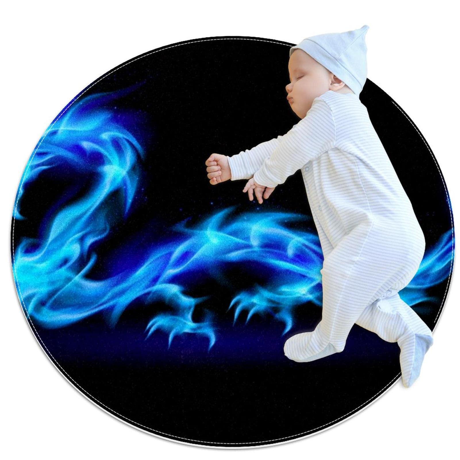 Tapis rond dragon bleu JDEZ finitions soignées pour salon élégant