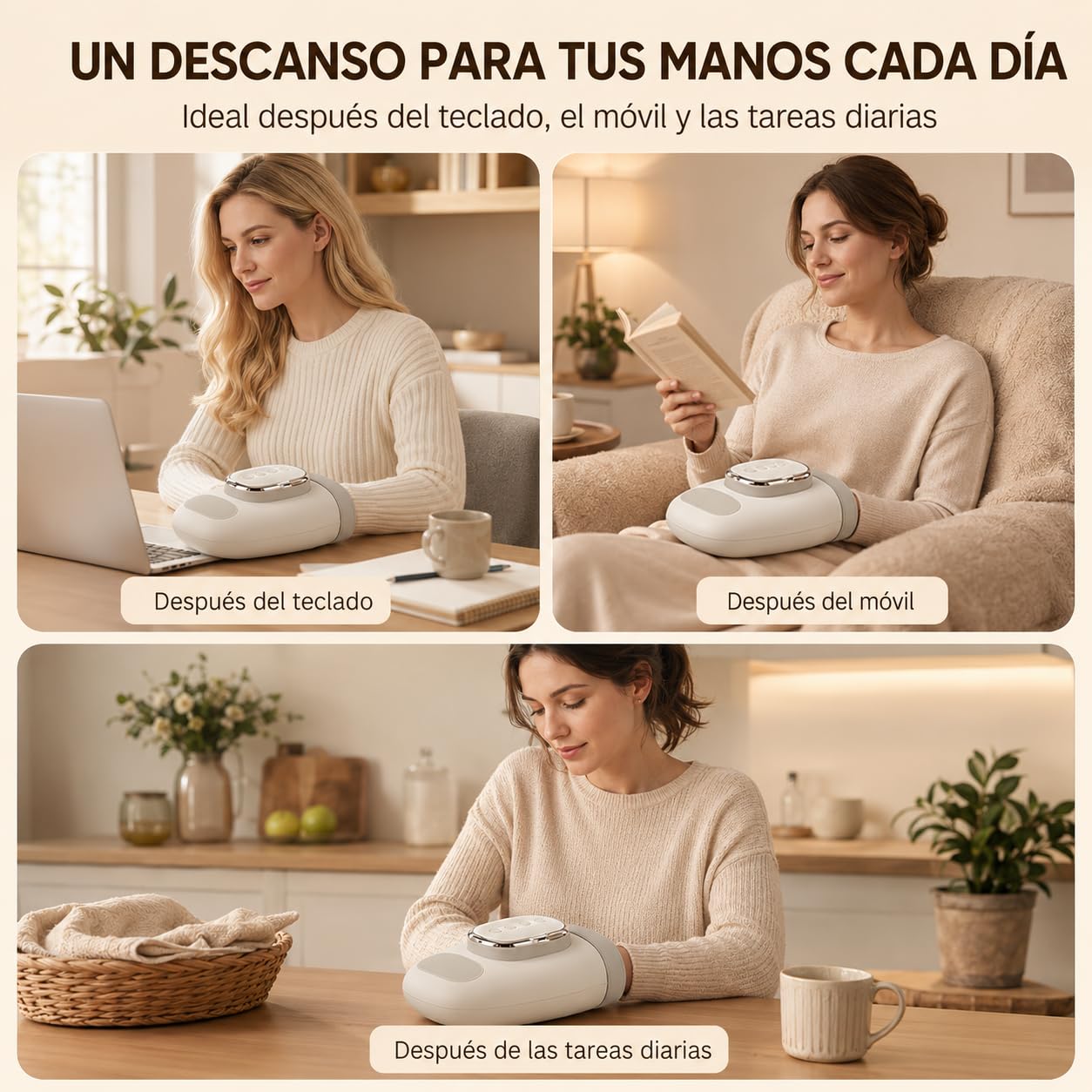Masajeador de Manos Eléctrico con Calor, Guante Masajeador de Mano con Compresión de Aire, 3 Modos y 5 Intensidades, Recargable, para Dedos, Palma y Muñeca, Regalo para Mujer Hombre