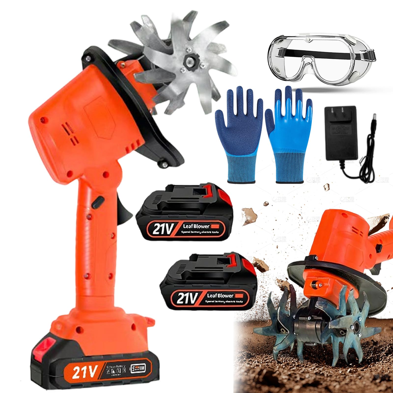 Motozappa senza fili da 21 V per giardinaggio, motozappe elettriche e coltivatori, rotavatore a batteria, scarificatore da giardino per prati, 360 giri/min, larghezza di lavorazione 12,7 cm