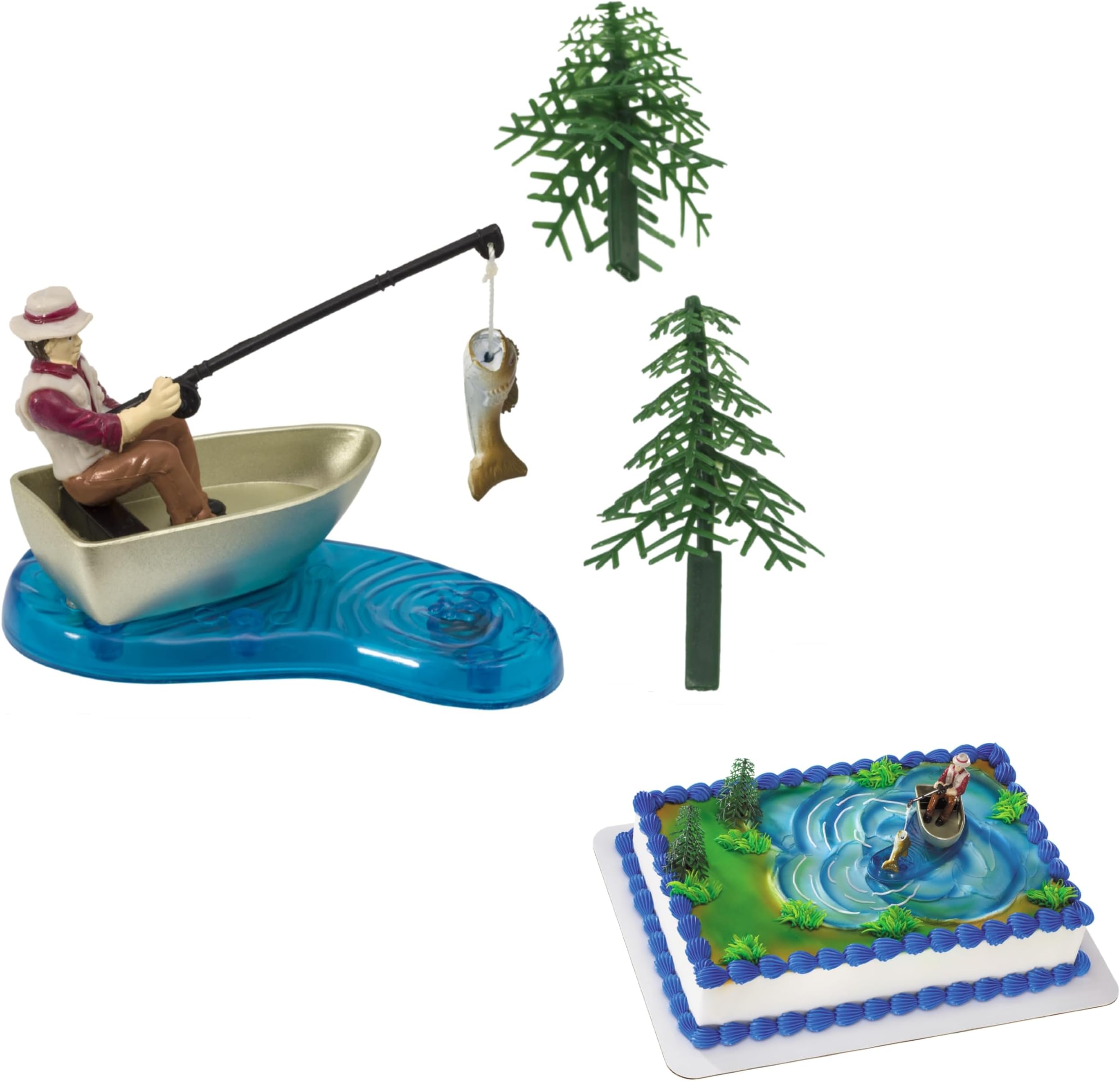 DecoPac Fisherman Topper, 4 Piece Cake Decoration, Fisherman in a Boat, Fish, Two Trees, Fishing Enthusiast, Reusable, Food Safe Multicoloured