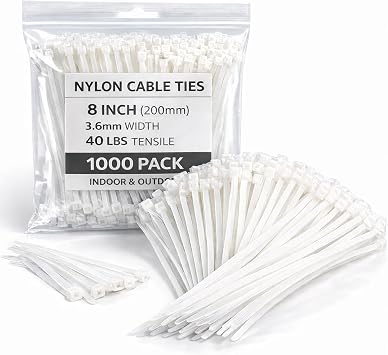 White Zip Ties 8 Inch 1000 Pack, 40 lbs Nylon Cable Ties, Self Locking UV Resistant Wire Ties for Wreath Crafts, DIY, Decor, Indoor Outdoor, Home and Garden