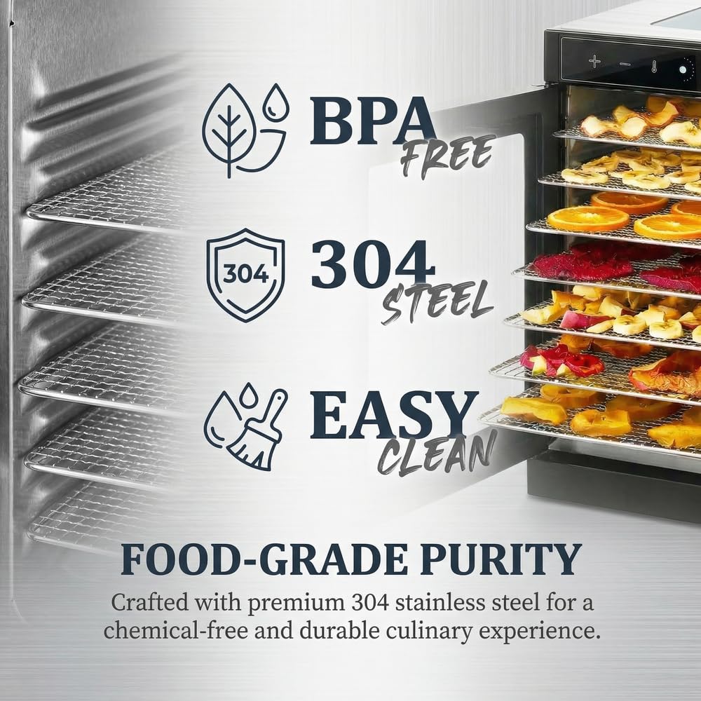 Deshidratador de alimentos con 6 bandejas espacio de secado de 3.6ft²Bandejas de acero inoxidable de 400W Secado rápido(86°F-194°F) Ideal para cecina,golosinas para perros,hierbas,carne,frutas