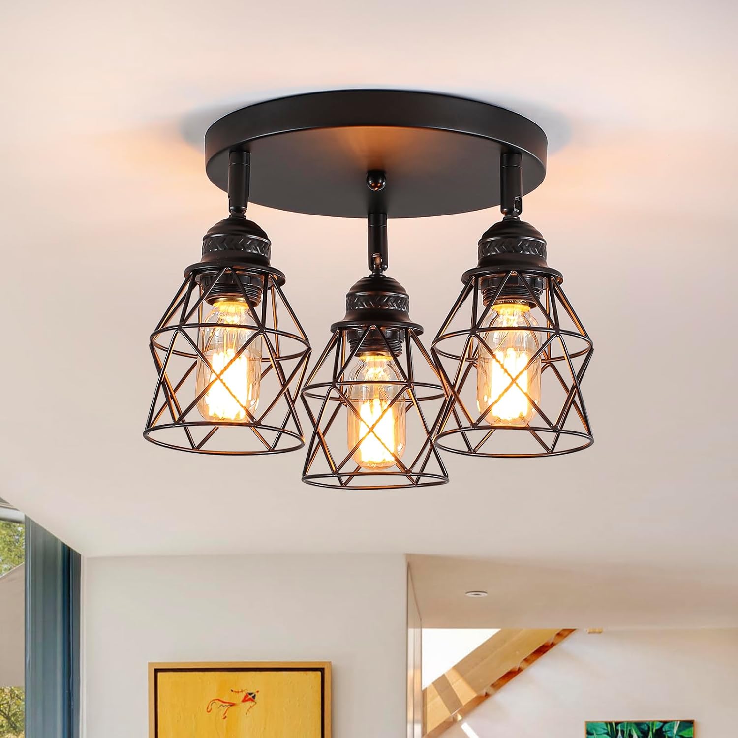 Kitchen Light Fixtures Ceiling Mount, Adjustable Semi Flush Mount Ceiling Light, Multi-Directional Lamp for Kitchen, Hallway, Dining Room, Farmhouse with E26 Base (Black)