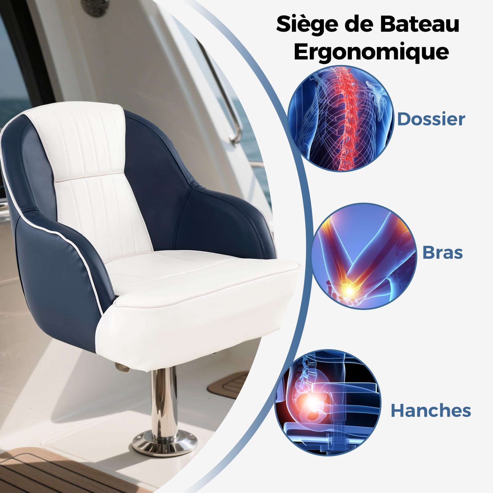 GOPLUS Siège de Bateau, Siège de Pilot avec Dossier, Chaise Pilotage Recouverte Cuir Artificiel et Rembourrée en Mousse, Design Ergonomique, pour Pêche, Yacht, Charge 150KG (Bleu,58x54,5x49 CM)