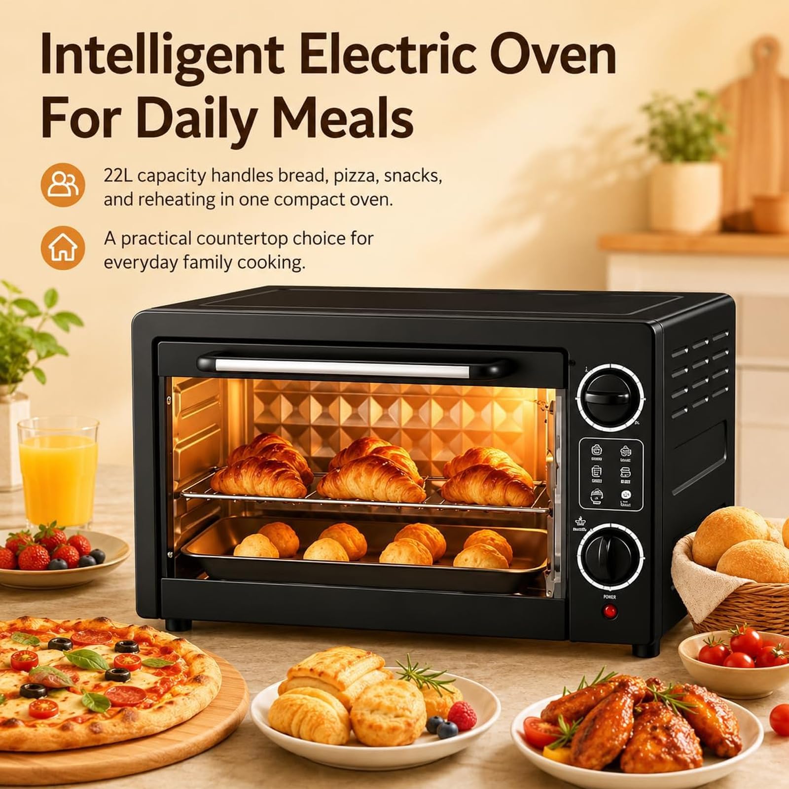 Forno Elettrico Intelligente 22L, Timer da 60 Minuti e 90-230°C
