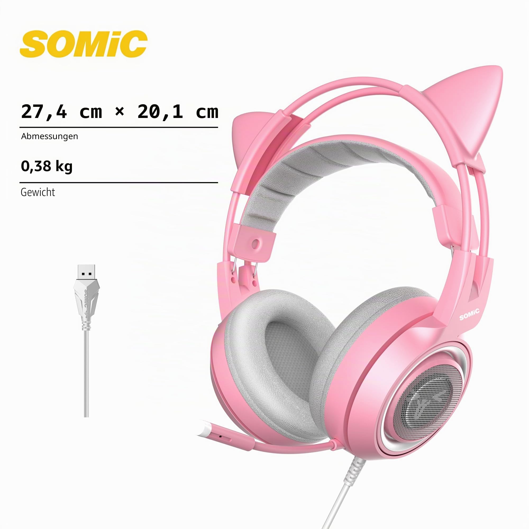 Somic G951rosa Rose Kat Gaming Headset Kopfhörer mit Virtuell 7.1 Klingen und LED Licht, Mikrofon für Computer, PS4, Laptop an Freundin, Frau (USB Stecker) USB-Buchse Rose