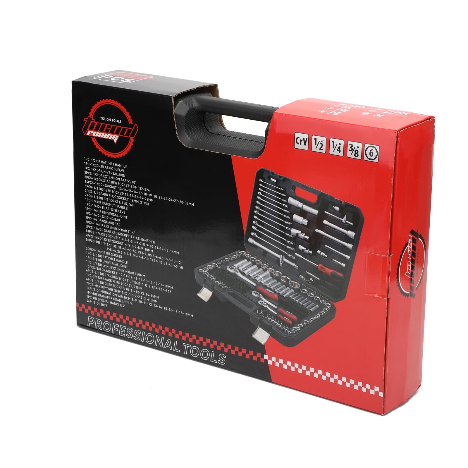 Tucool - Set di 216 chiavi a bussola CR-V trattate termicamente, attacco da 1/4" e 3/8", cricchetto a sgancio rapido a 72 denti, strumenti professionali per riparazioni automobilistiche per meccanici