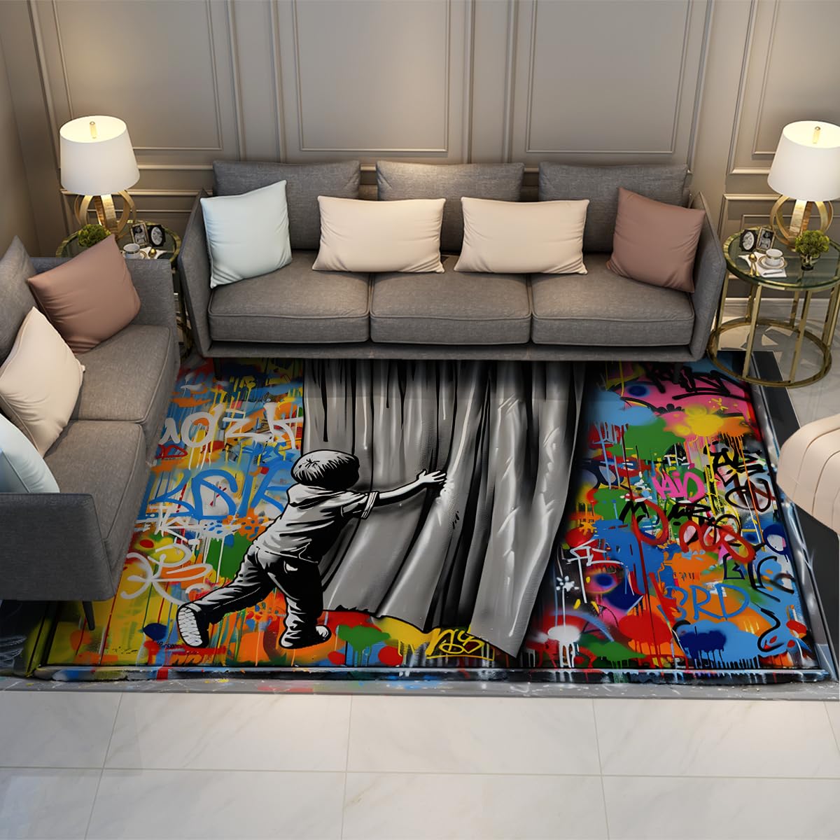 Tapis de salon graffiti antidérapant pour sécuriser les pas des enfants