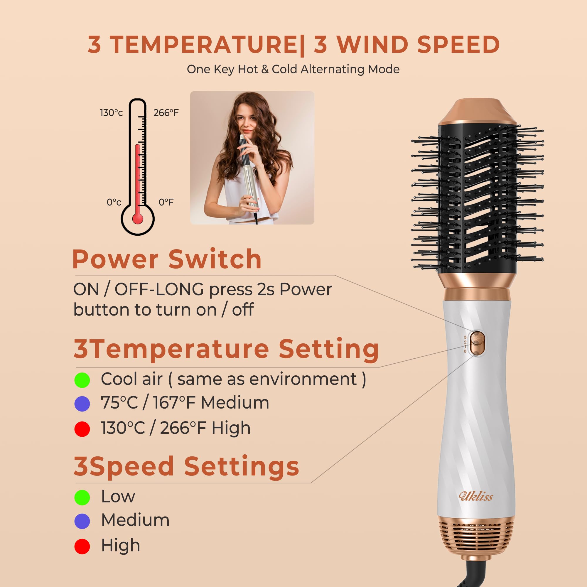 Airstyler 6 en 1, UKLISS Secador Pelo Profesional con Rizador Pelo Automatico Hair Straightener Thermal Brush Hair Curler Hair Dryer, Cepillo Alisador Pelo para Volumen, Doblar, Suavizar, Secar