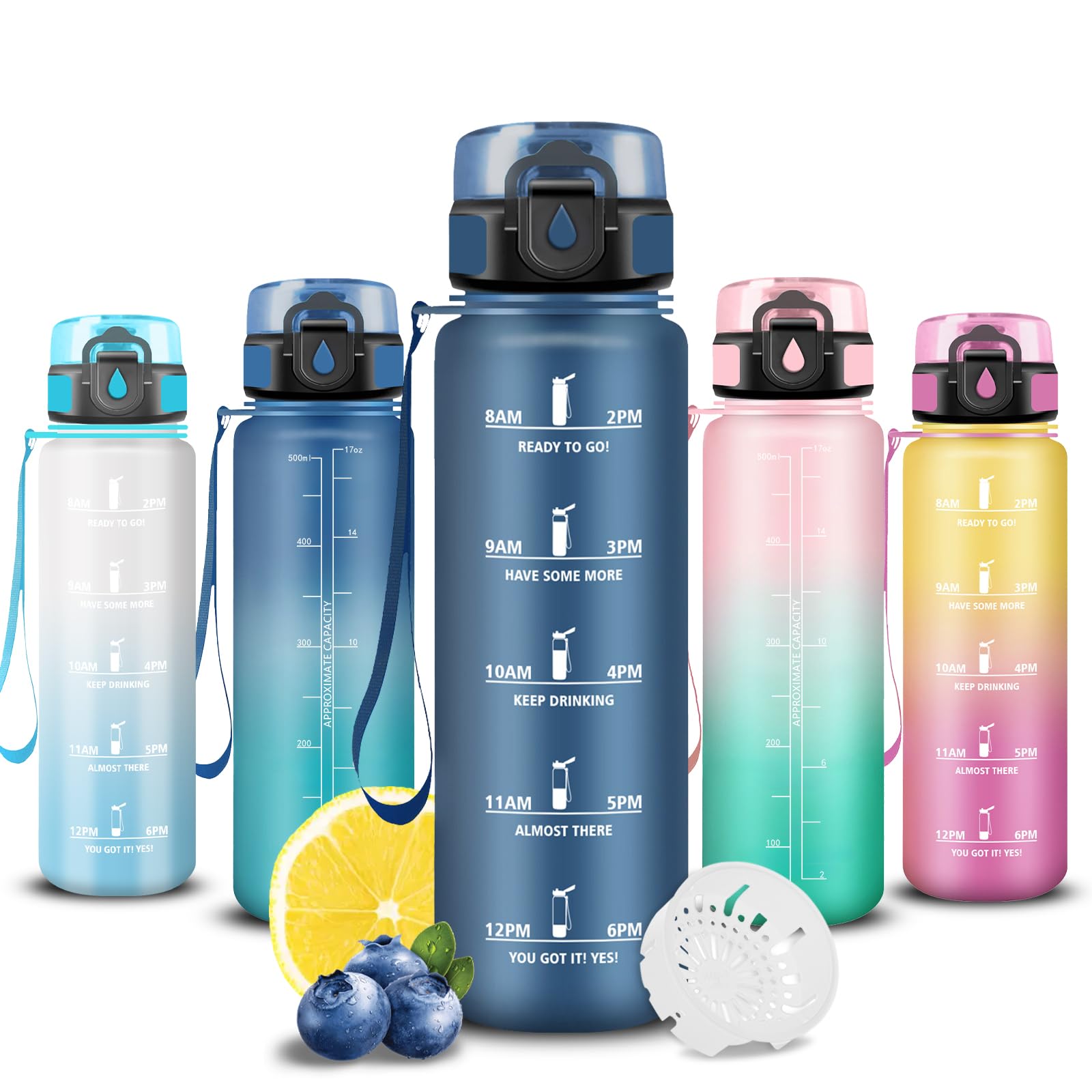 Grsta Boys Navy Children's Water Bottle 500 Ml Leak-Proof Water Bottle With Time Marking Easy To Clean Bottle With Time For School Outdoor Camping Running Office